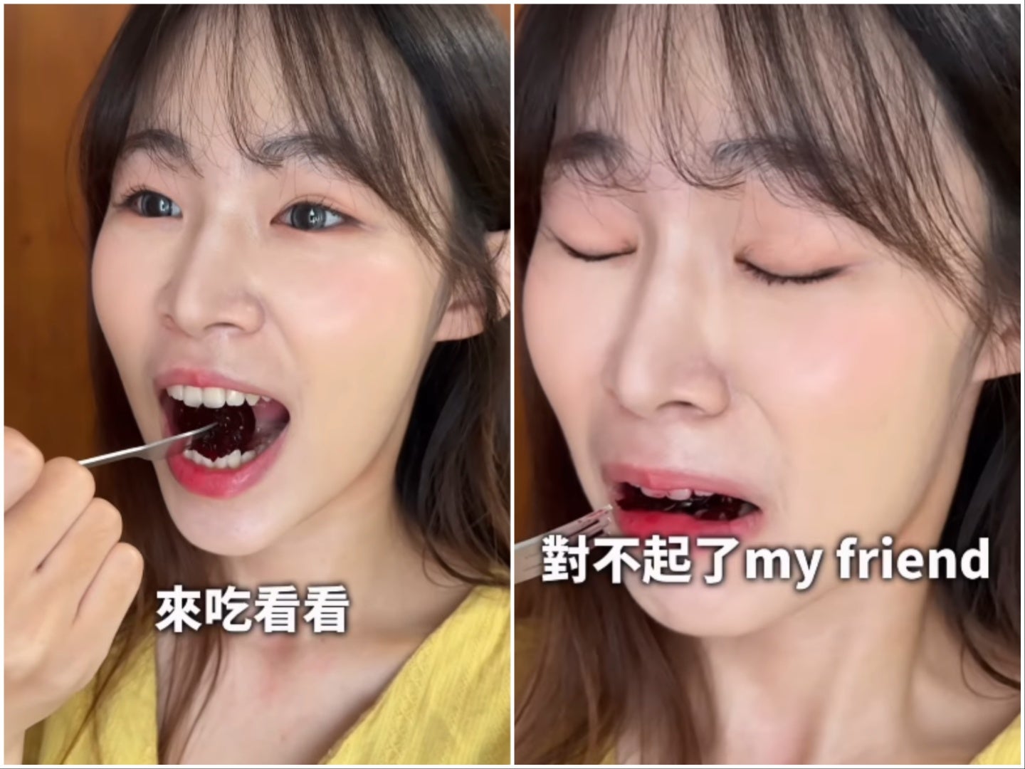 Guava Shuishui tries on a jelly blush before scooping the product out with a fork and biting down on it
