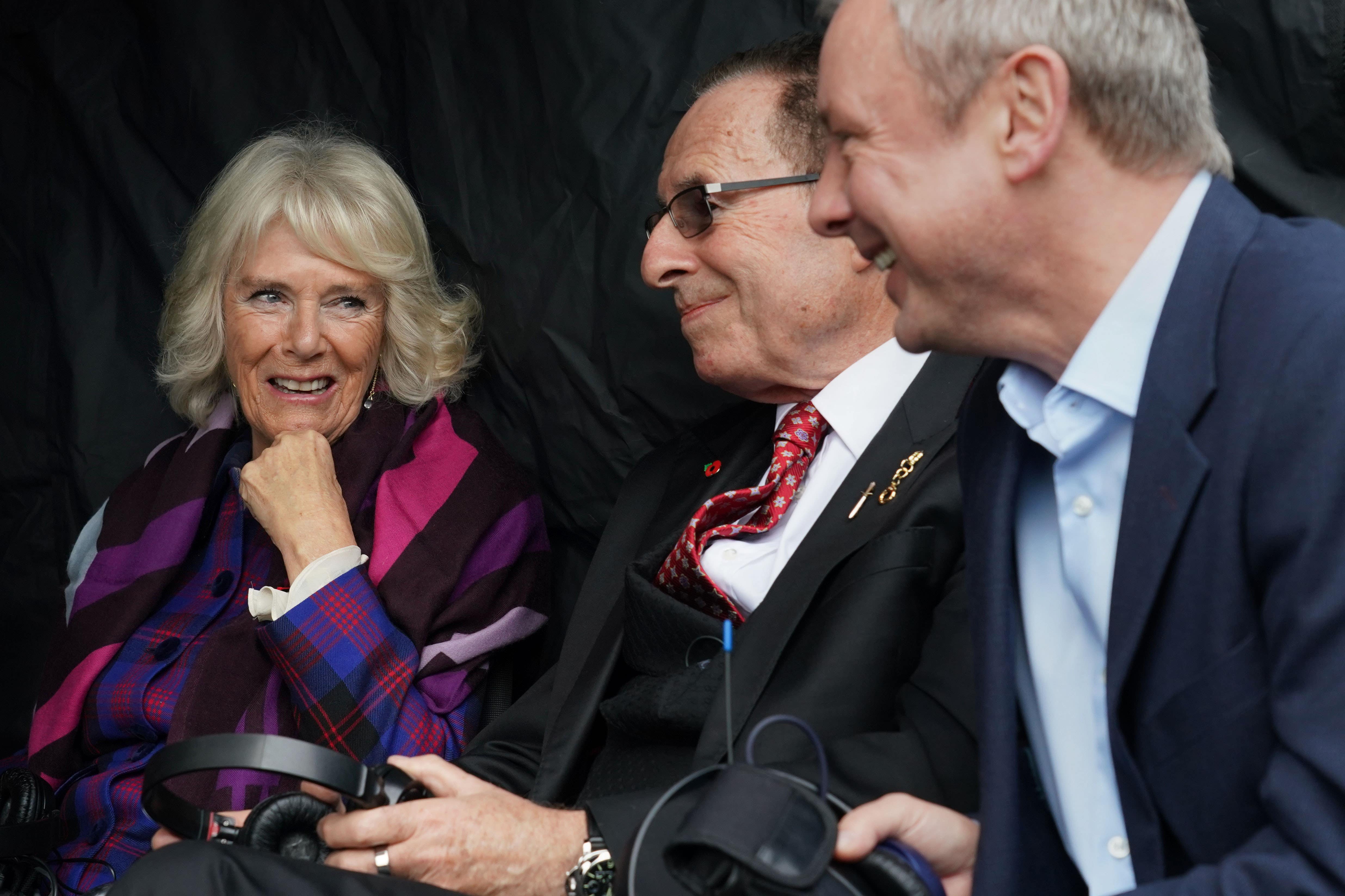 Camilla met author Peter James, centre, and actor John Simm while Grace was being filmed in 2021 (Gareth Fuller/PA)