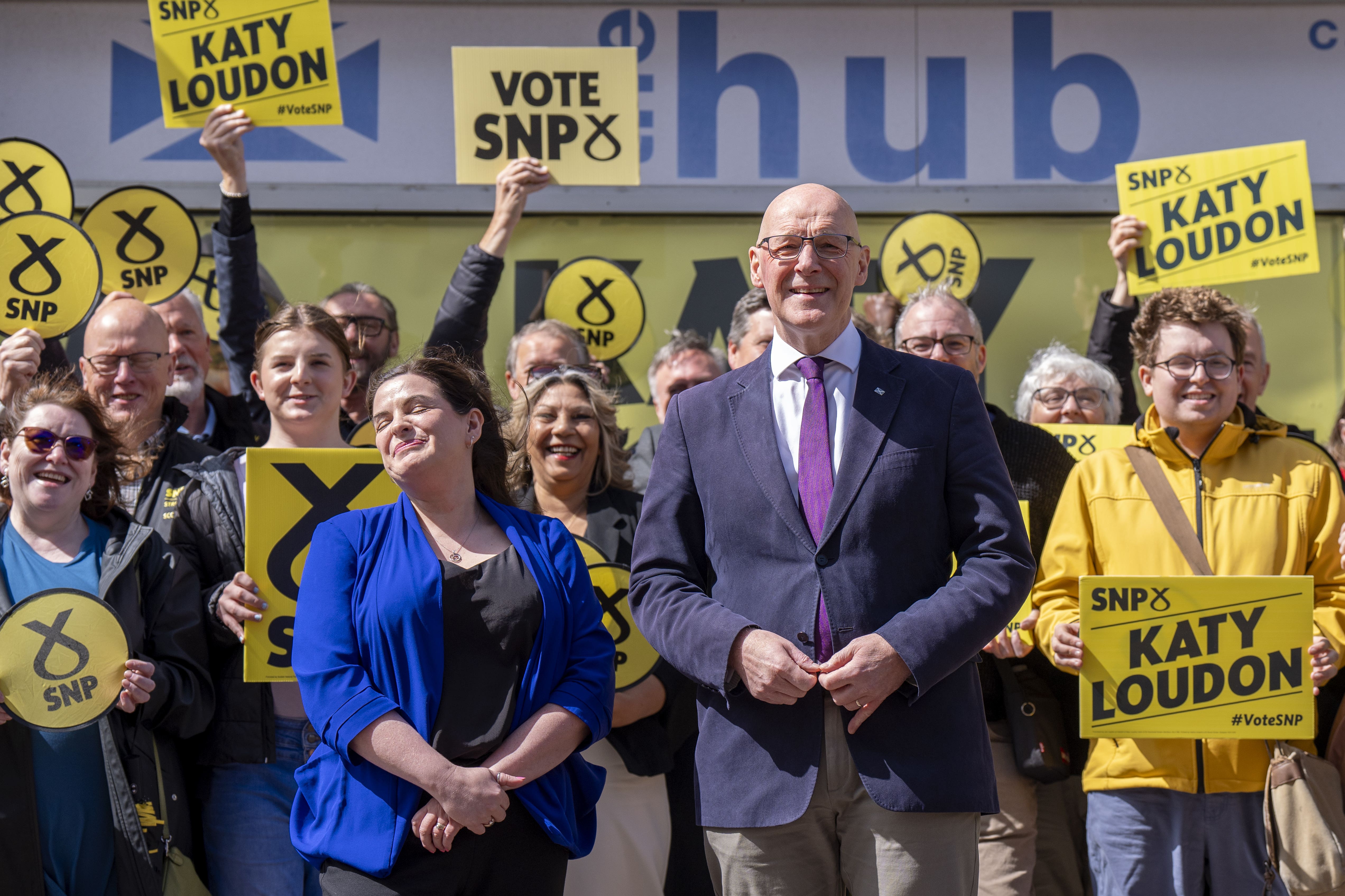 John Swinney was in Hamilton on Wednesday with SNP by-election candidate Katy Loudon (Jane Barlow/PA)