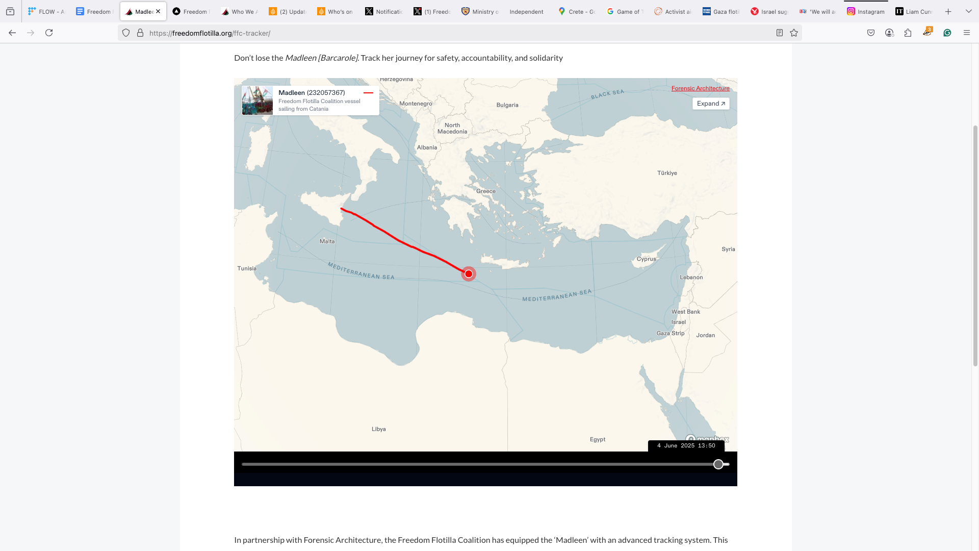 A tracker provided by the Freedom Flotilla Coalition shows the Madleen off the coast of Crete as of 15.19 GMT