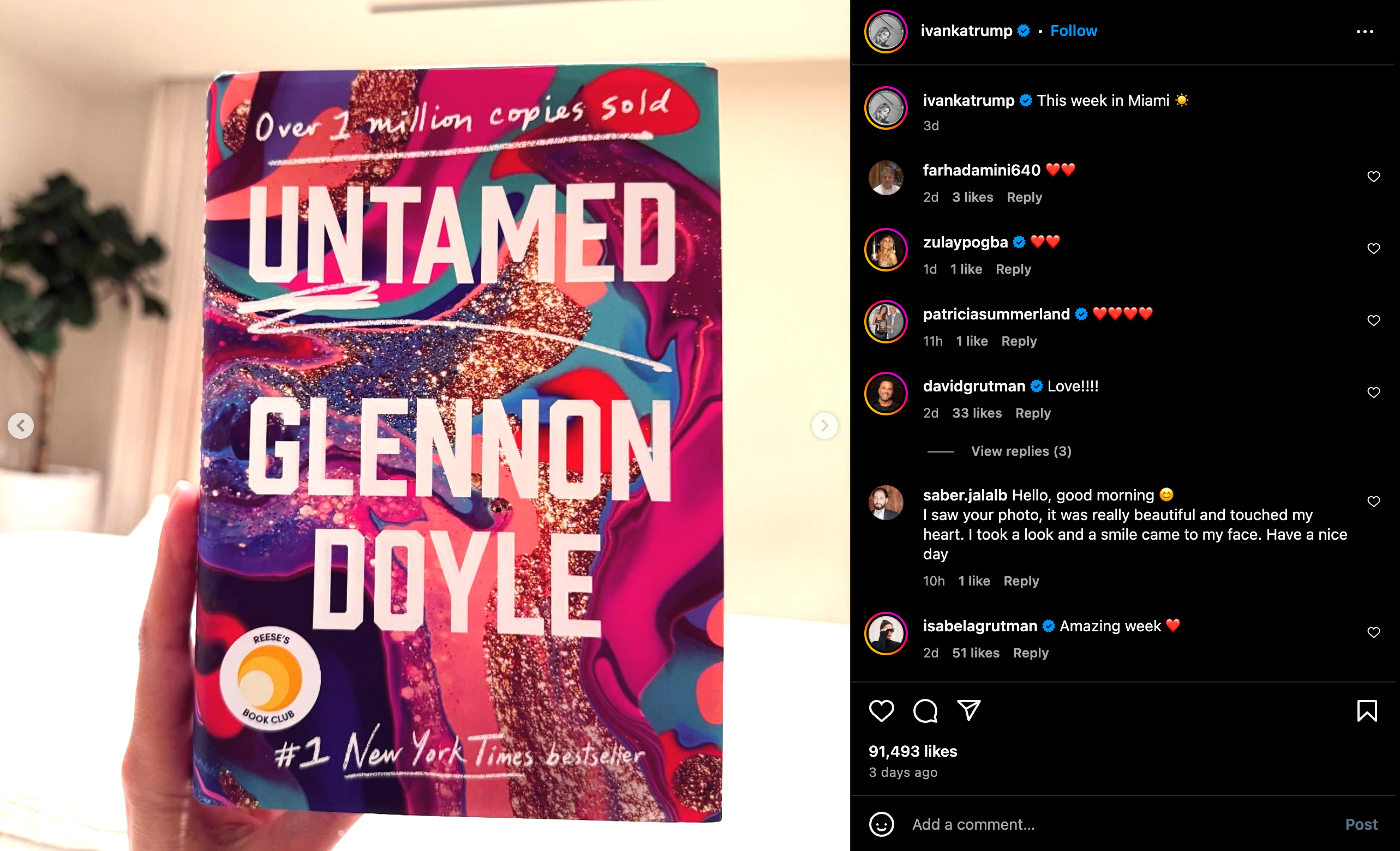 Ivanka Trump's Instagram post promoting Untamed by author Glennon Doyle, an outspoken critic of her father
