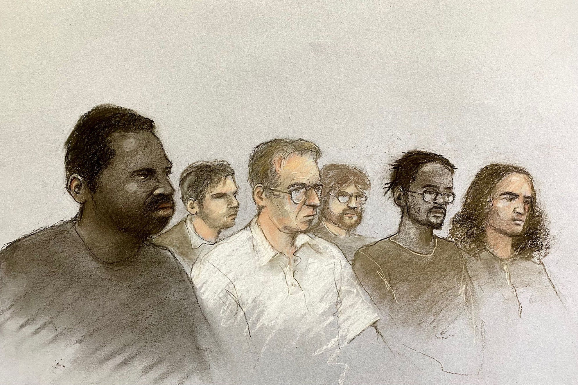 Court artist drawing of (front row, left to right) Nii Mensah, 23, Paul English, 61, Jakeem Rose, 23, and Ugnius Asmena, 20, and (back left) Dmirjus Paulauskas, 23, and Ashton Evans, 20, (back right) appearing at the Old Bailey, central London in connection with an alleged arson plot (Elizabeth Cook/PA)