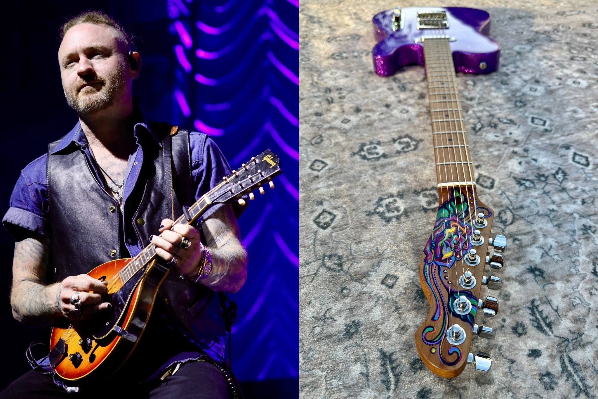 The missing instruments: Heart band member Paul Moak with his 1966 Gibson EM-50 mandolin, and Nancy Wilson's custom-built purple sparkle baritone Telecaster with distinctive hand-painted headstock