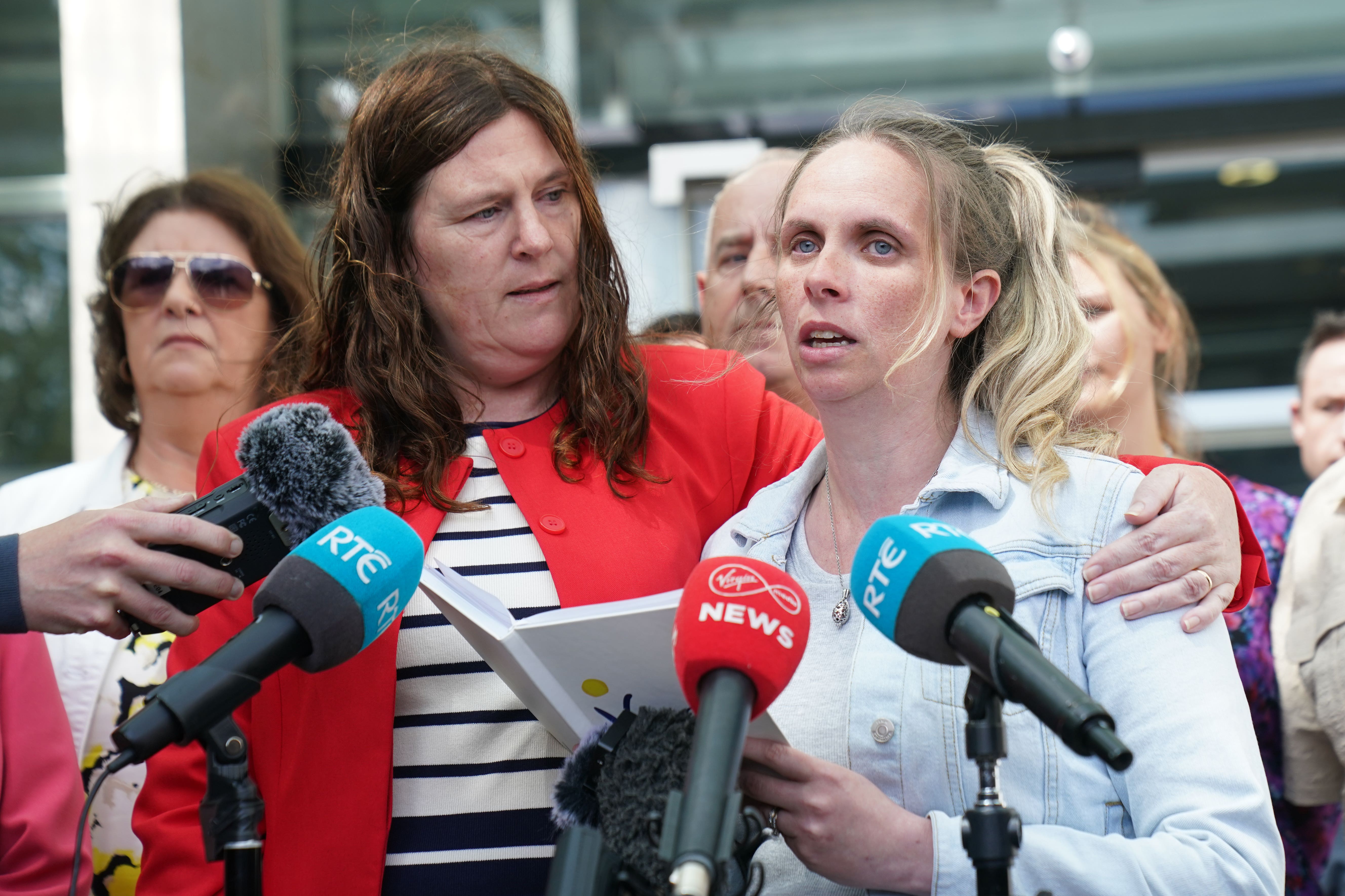 Lorraine Howard (left), the half-sister of Tina Satchwell, and Sarah Howard, the cousin of Tina Satchwell, speaking to the media outside Central Criminal Court in Dublin, where Richard Satchwell has been found guilty of the murder of his wife Tina Satchwell, whose remains were found under the stairs of their home in Youghal, Co Cork, six years after Mr Satchwell reported her missing in 2017. Picture date: Friday May 30, 2025.