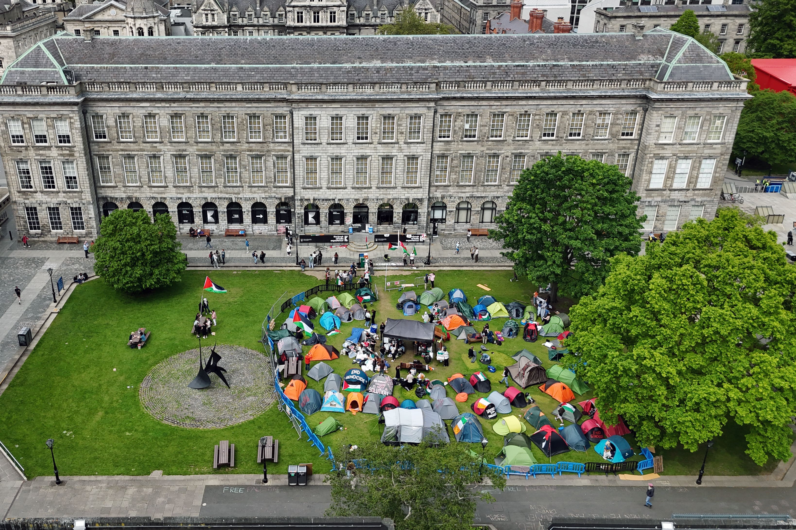 Students taking part in an encampment protest over the Gaza conflict on the grounds of Trinity College in Dublin (Niall Carson/PA)