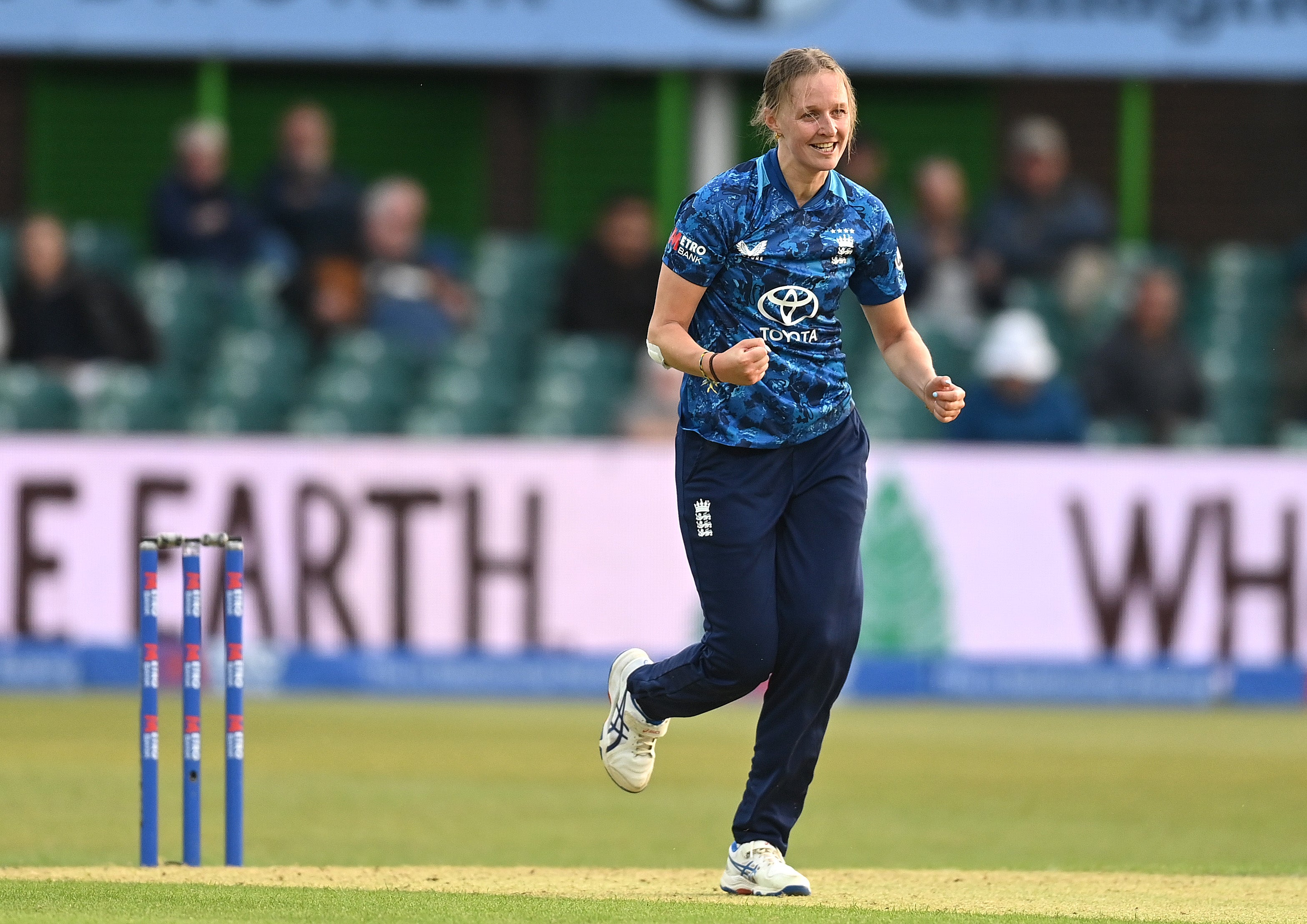 Lauren Filer of England celebrates bowing Afy Fletcher of the West Indies