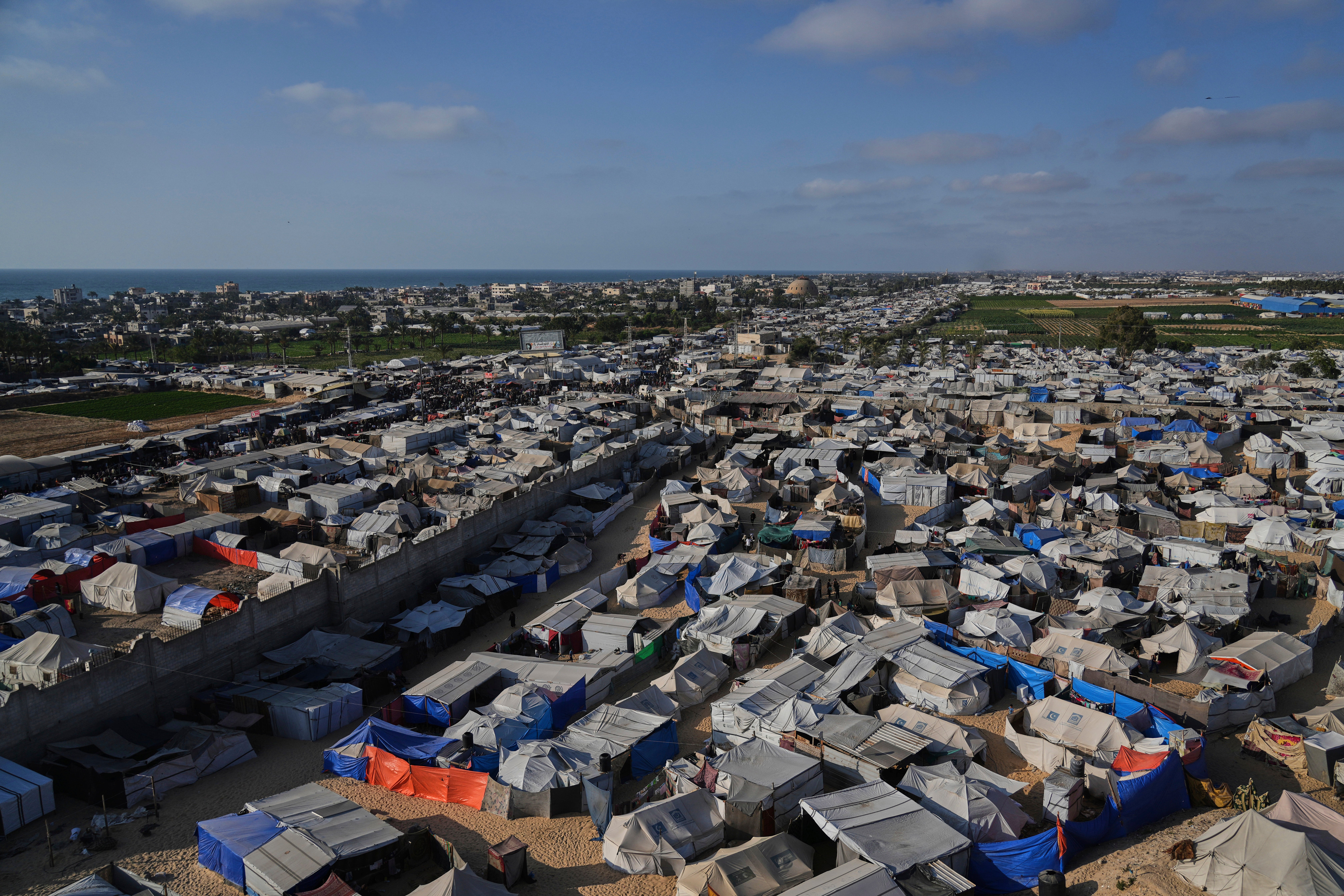 A view of a makeshift tent camp for displaced Palestinians in Khan Younis, Gaza on Wednesday, June 4, 2025.