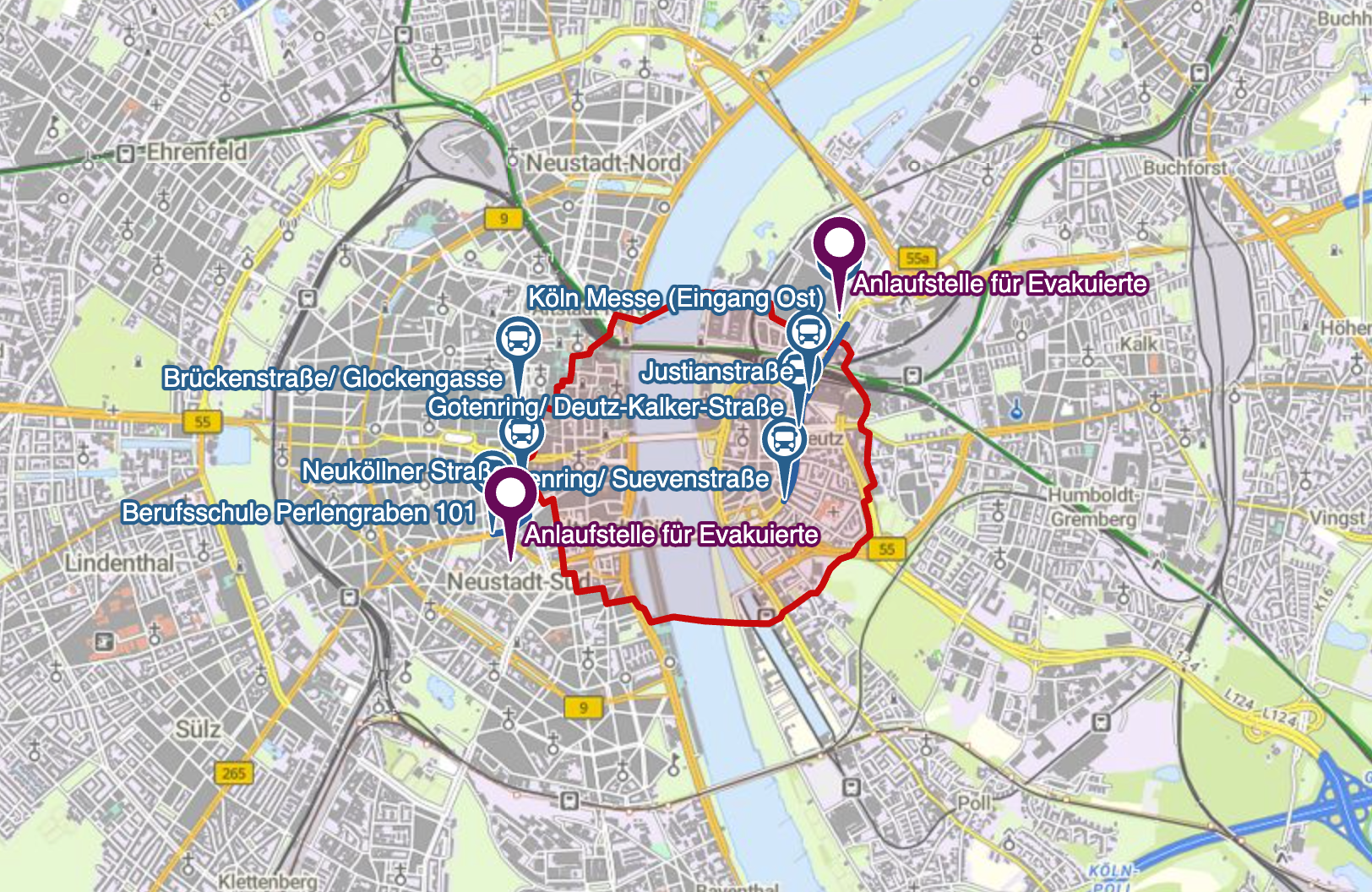 Cologne city authorities have released a map of the evacuation zone