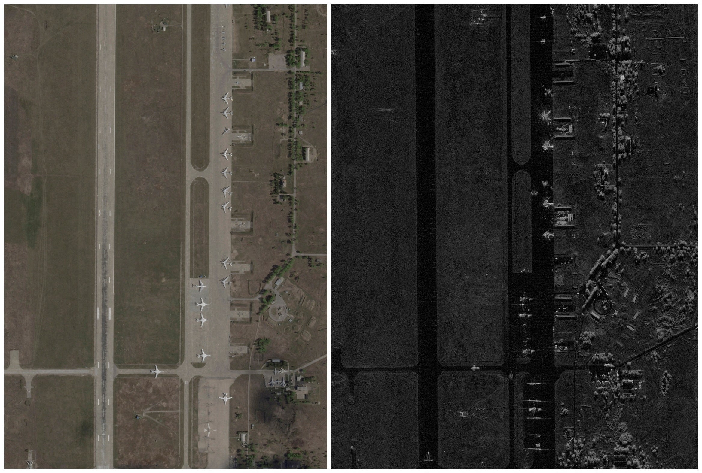 Satellite images of the Belaya airfield, before and after the Ukrainian drones attack targeting Russian military airfields, in Irkutsk region