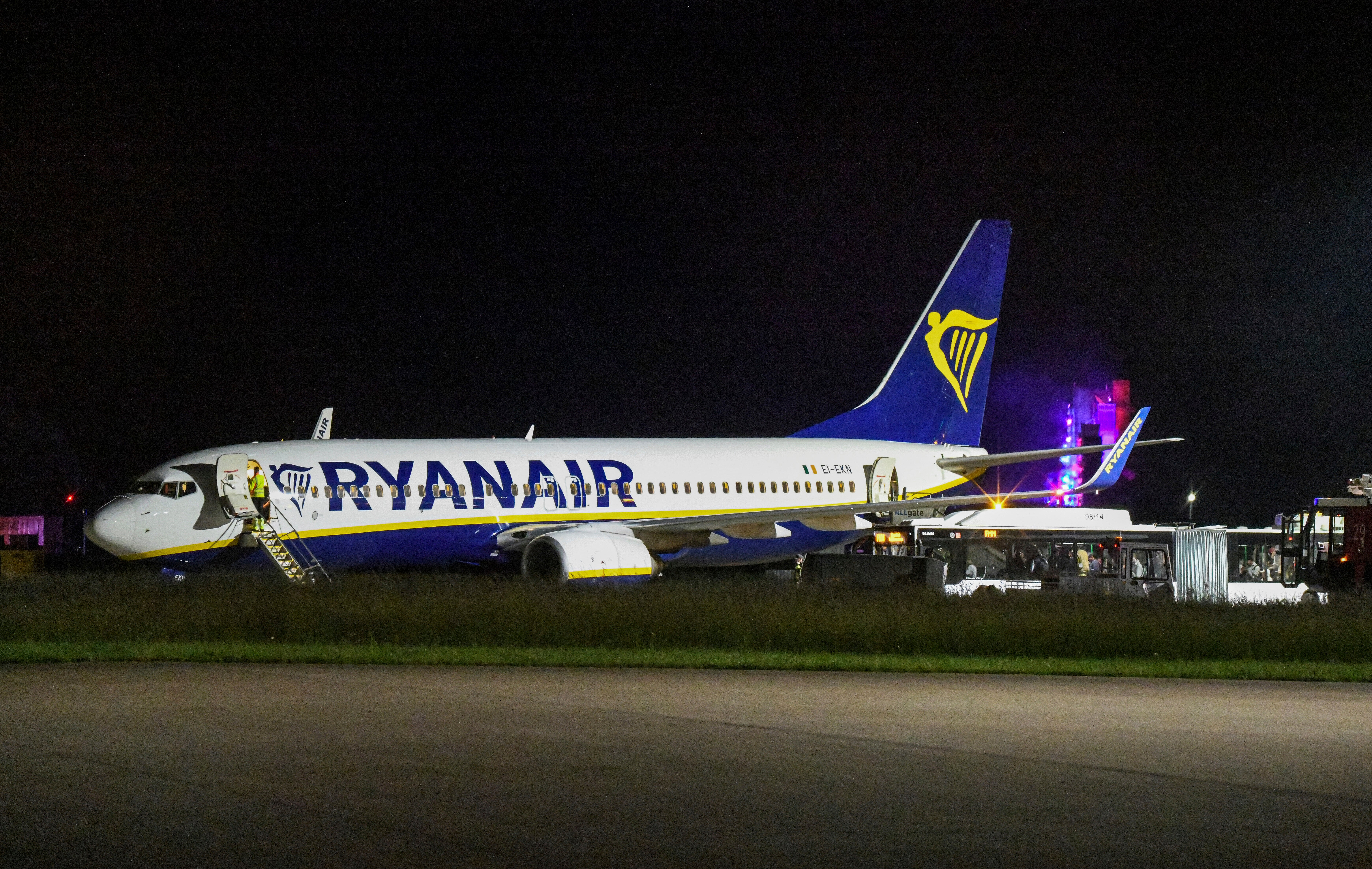 A Ryanair passenger jet stands on the apron at Memmingen Airport, southern Germany, Wednesday, June 4, 2025, as the plane made an emergency landing due to the turbulence. (Jason Tschepljakow/dpa via AP)