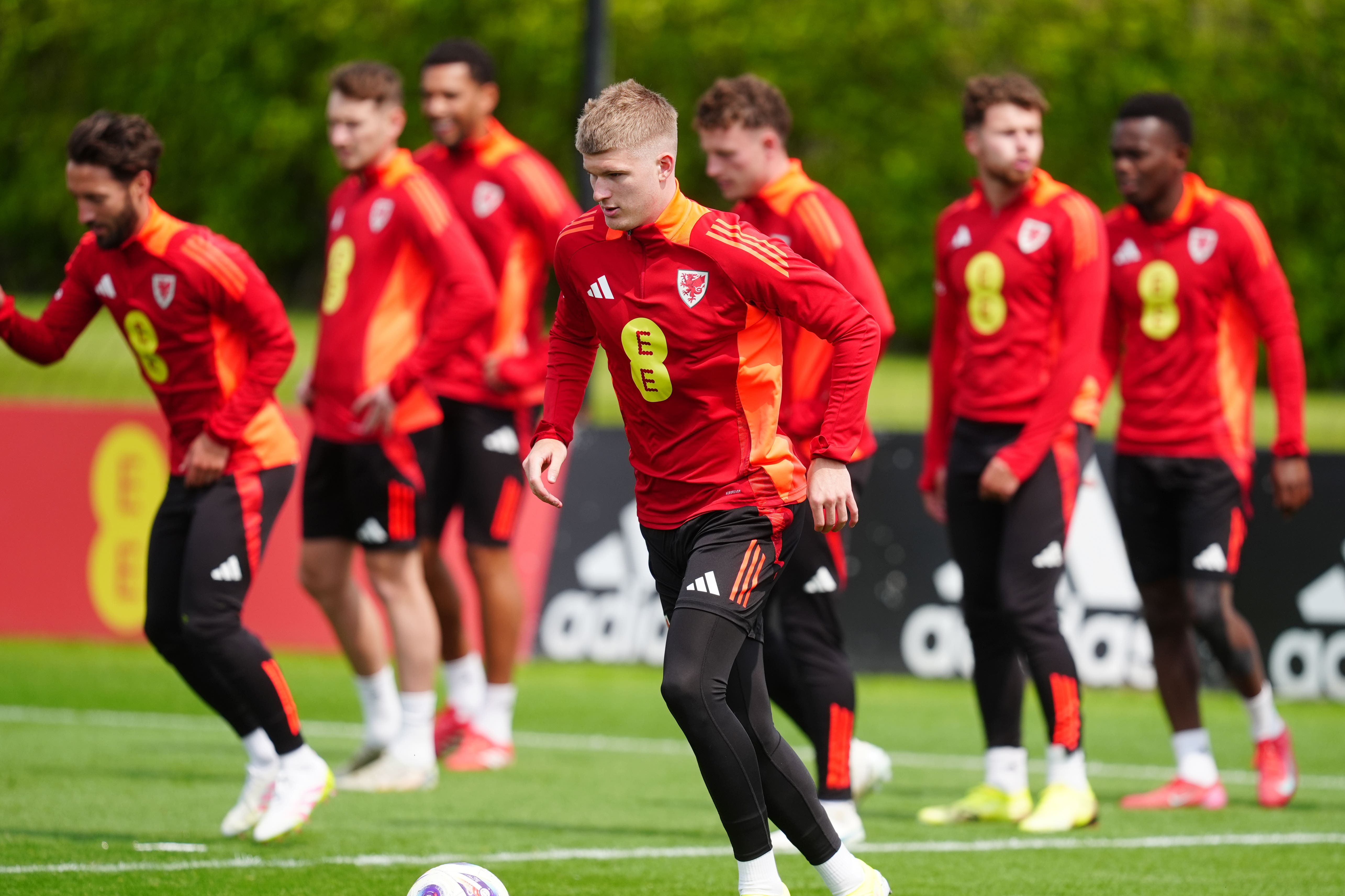Wales football squad training ahead of their World Cup qualifier against Liechtenstein (David Davies/PA)