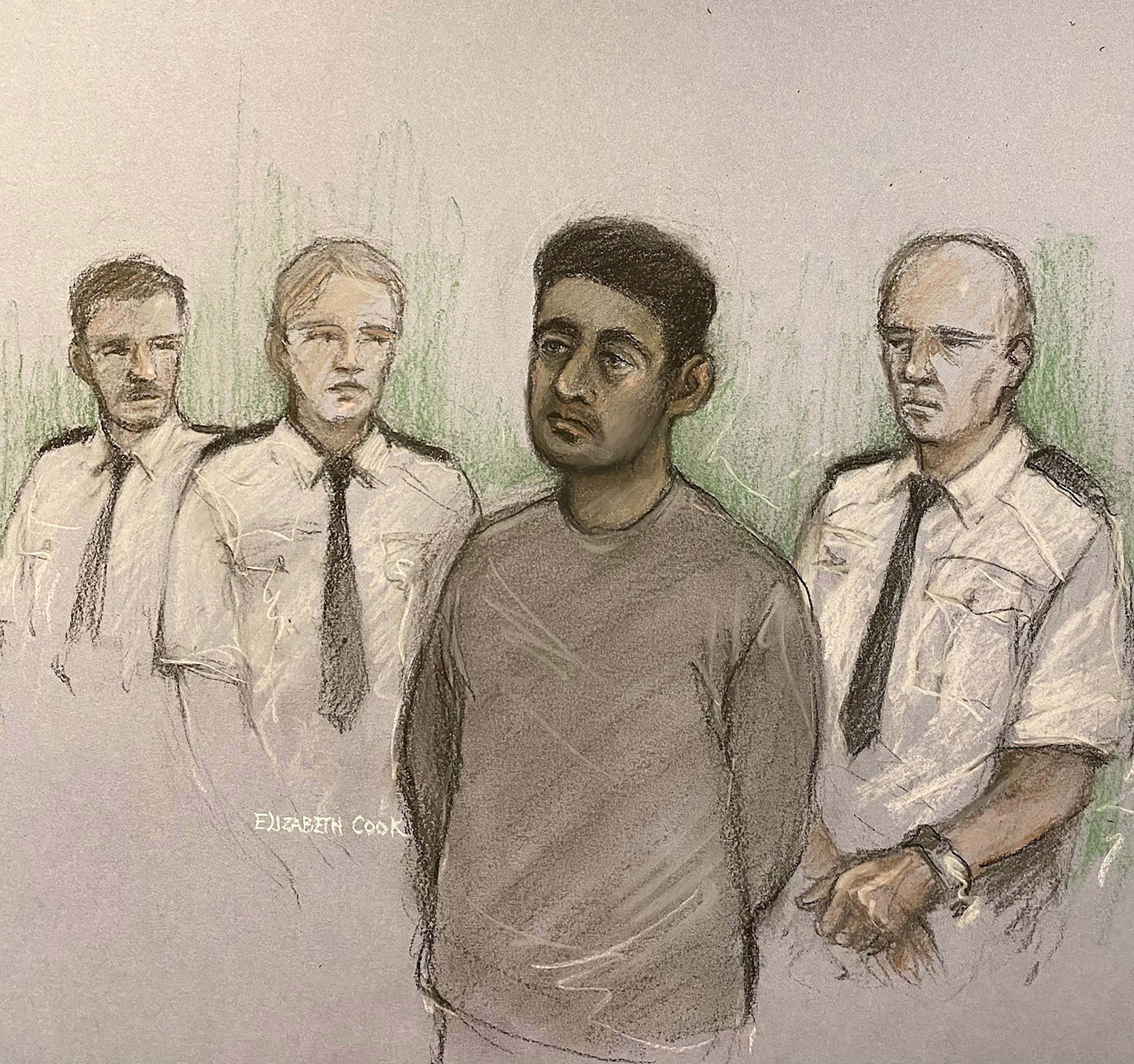 Court artist drawing of Habibur Masum appearing in the dock at Bradford Magistrates’ Court (Elizabeth Cook/PA)