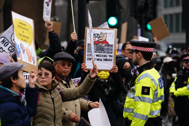 <p>People protest outside the proposed site of the new Chinese Embassy in London </p>