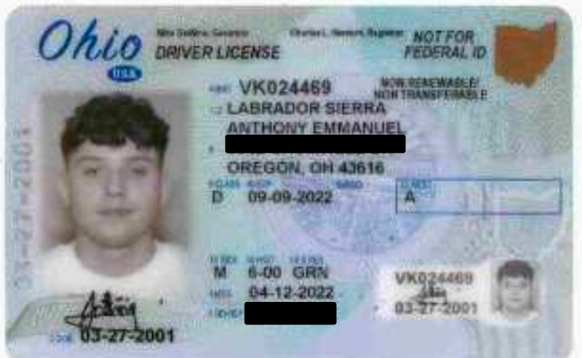 The Ohio driver’s license Labrador-Sierra used to purchase the firearm.