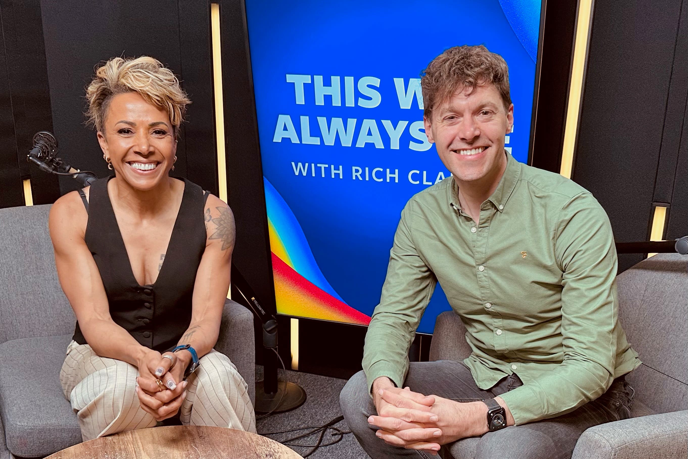 Rich Clarke with Dame Kelly Holmes for his new Global Original podcast This Was Always Me. (Global Player/PA)