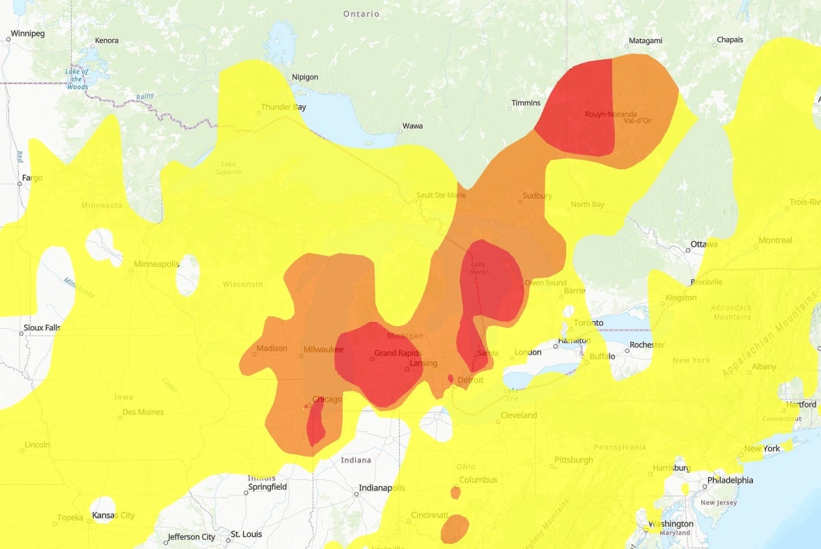 The worst air quality in the country right now is around Chicago and Detroit. That is highlighted in the red blotches on this map. Forecasters said impacts could linger through Friday