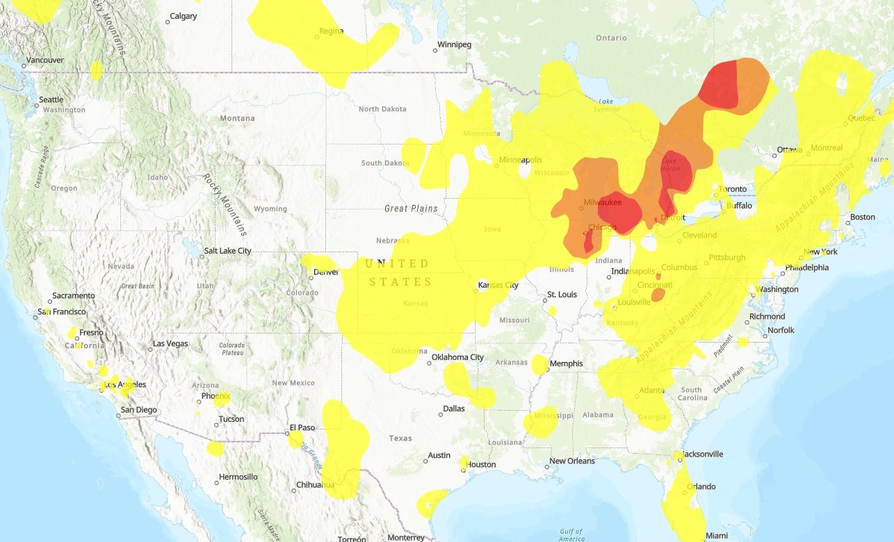 A map shows air quality across the U.S. on Thursday. Red areas are the worst, orange is moderate, and yellow is better. Wildfire smoke from Canada has made air across several cities unhealthy