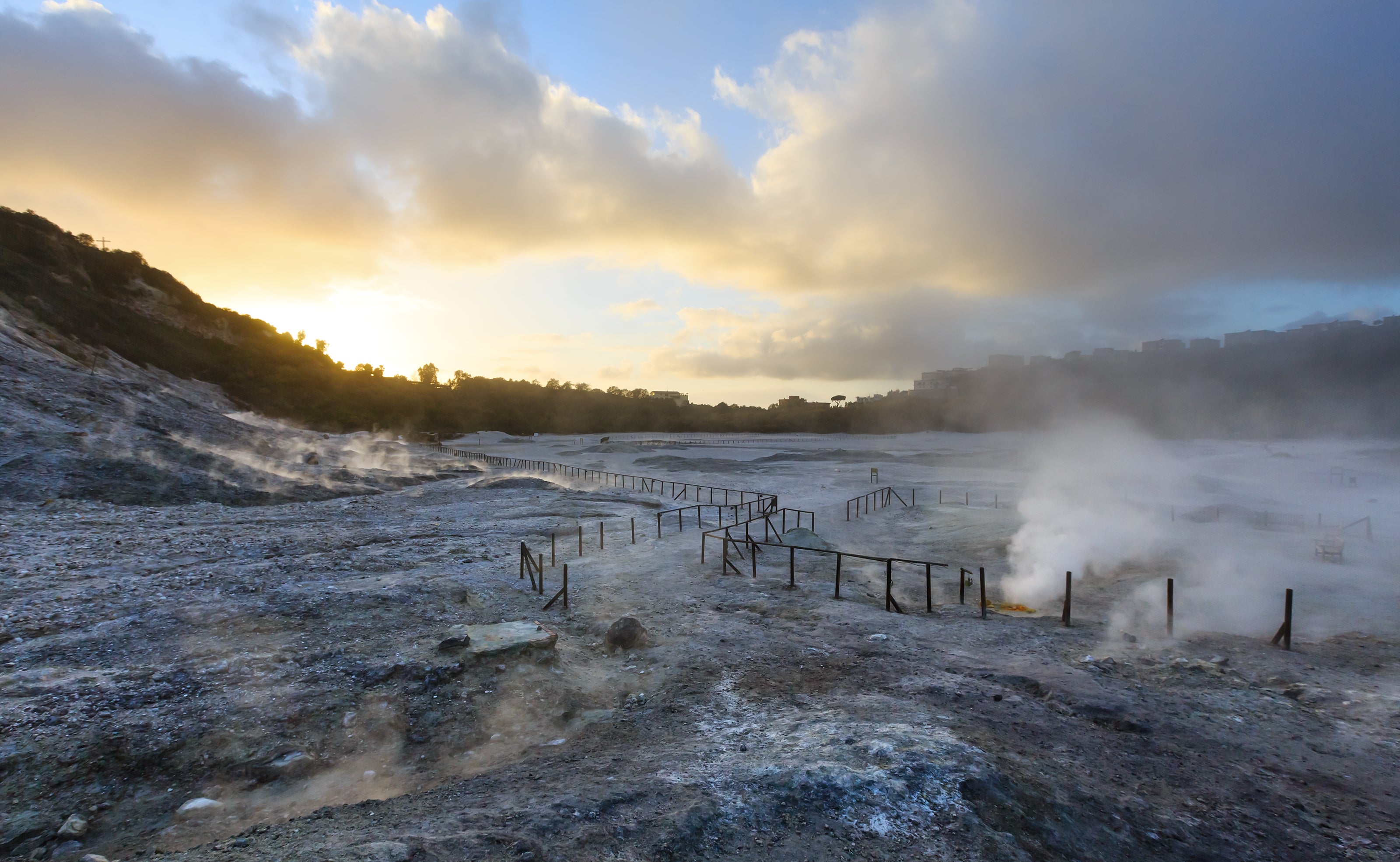 Smoke from the ‘solfatara’, a shallow volcanic crater at Campi Flegrei