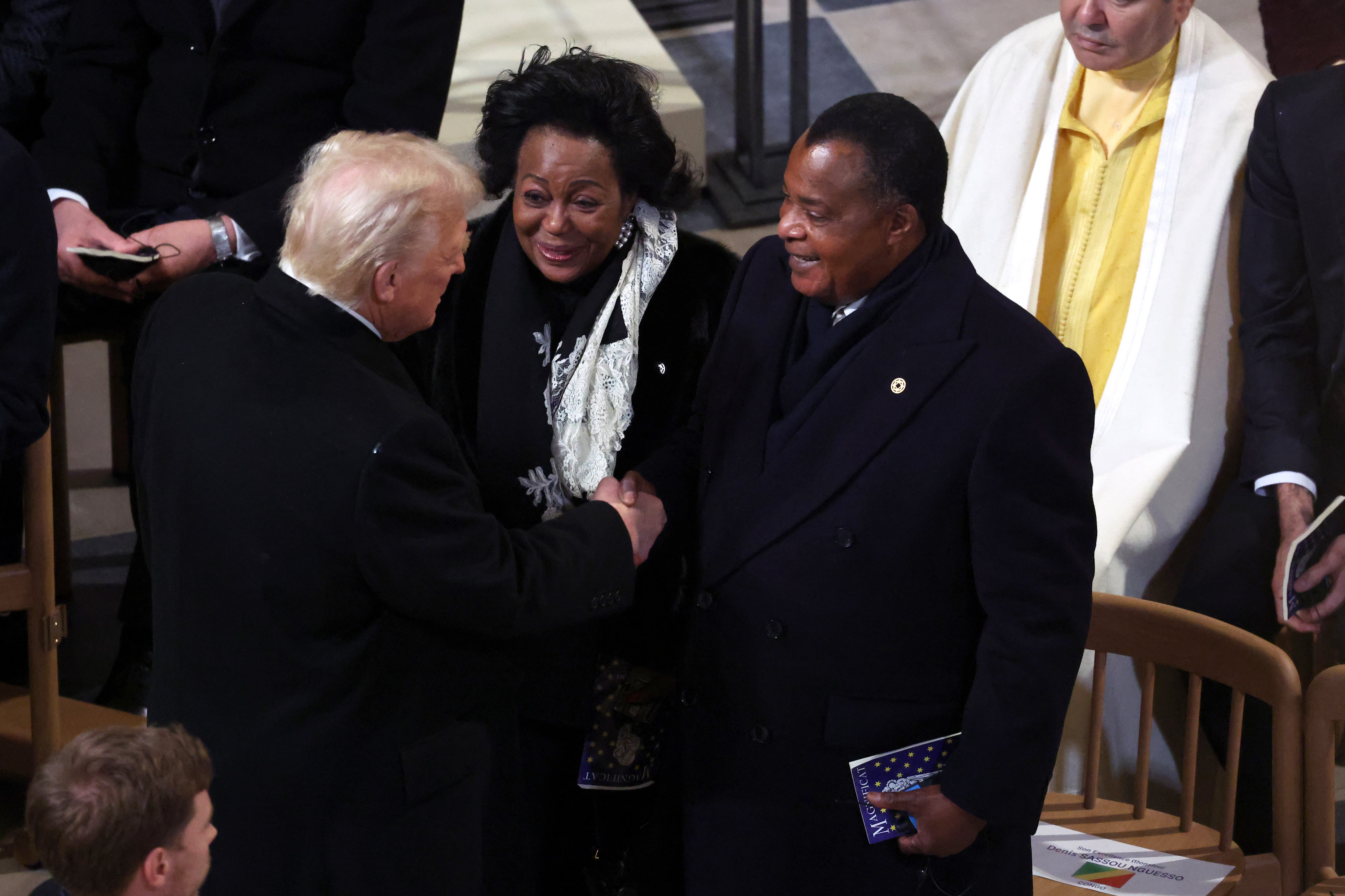 Trump greeted Denis Sassou-Nguesso, the president of the Republic of the Congo, at the Notre-Dame reopening in November