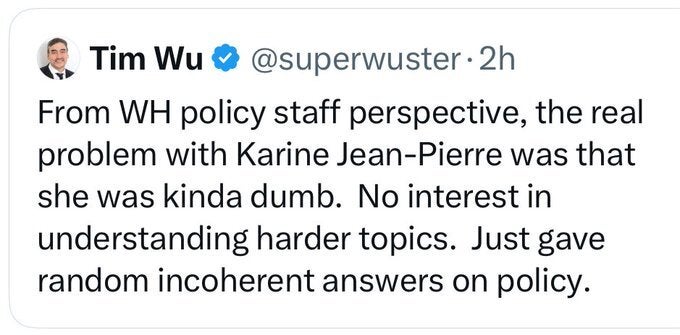 This screen grab of a tweet from Tim Wu shows harsh criticism of Karine Jean-Pierre