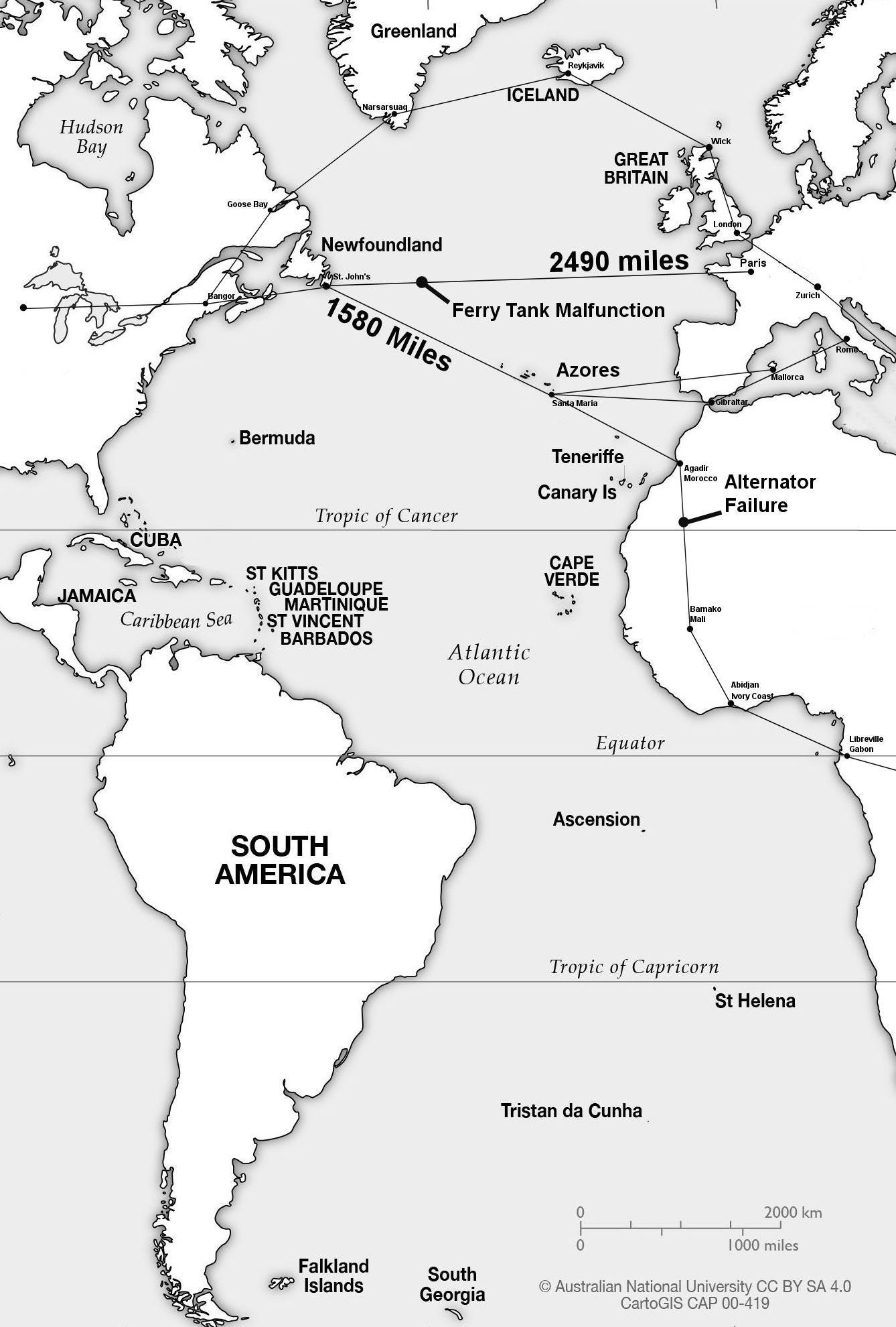 A map from Kerry's book Ferry Pilot - Nine Lives Over The North Atlantic that shows some of the distances and routes for his plane ferrying