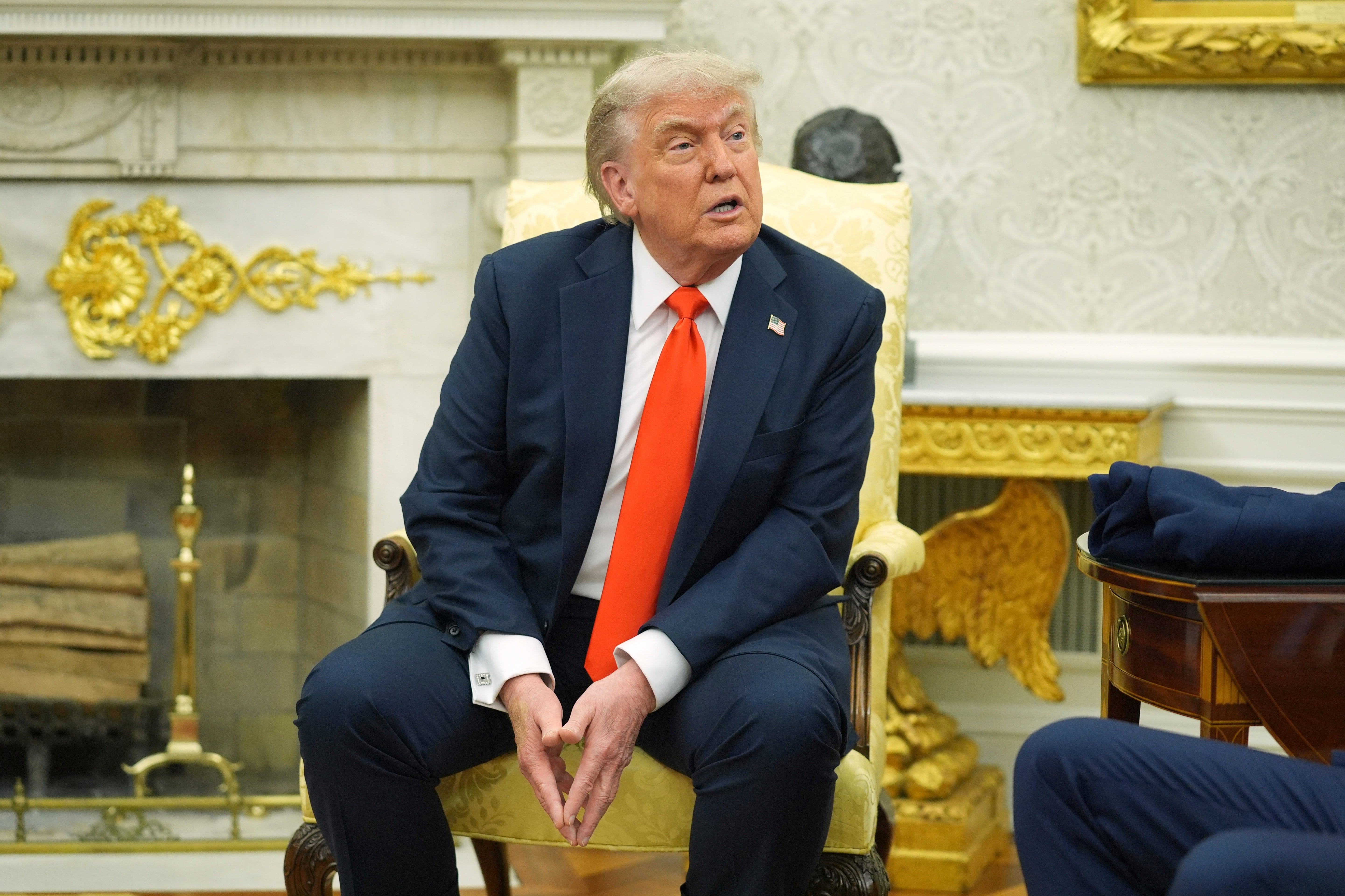 President Donald Trump speaks during a meeting with Germany's Chancellor Friedrich Merz in the Oval Office of the White House, Thursday