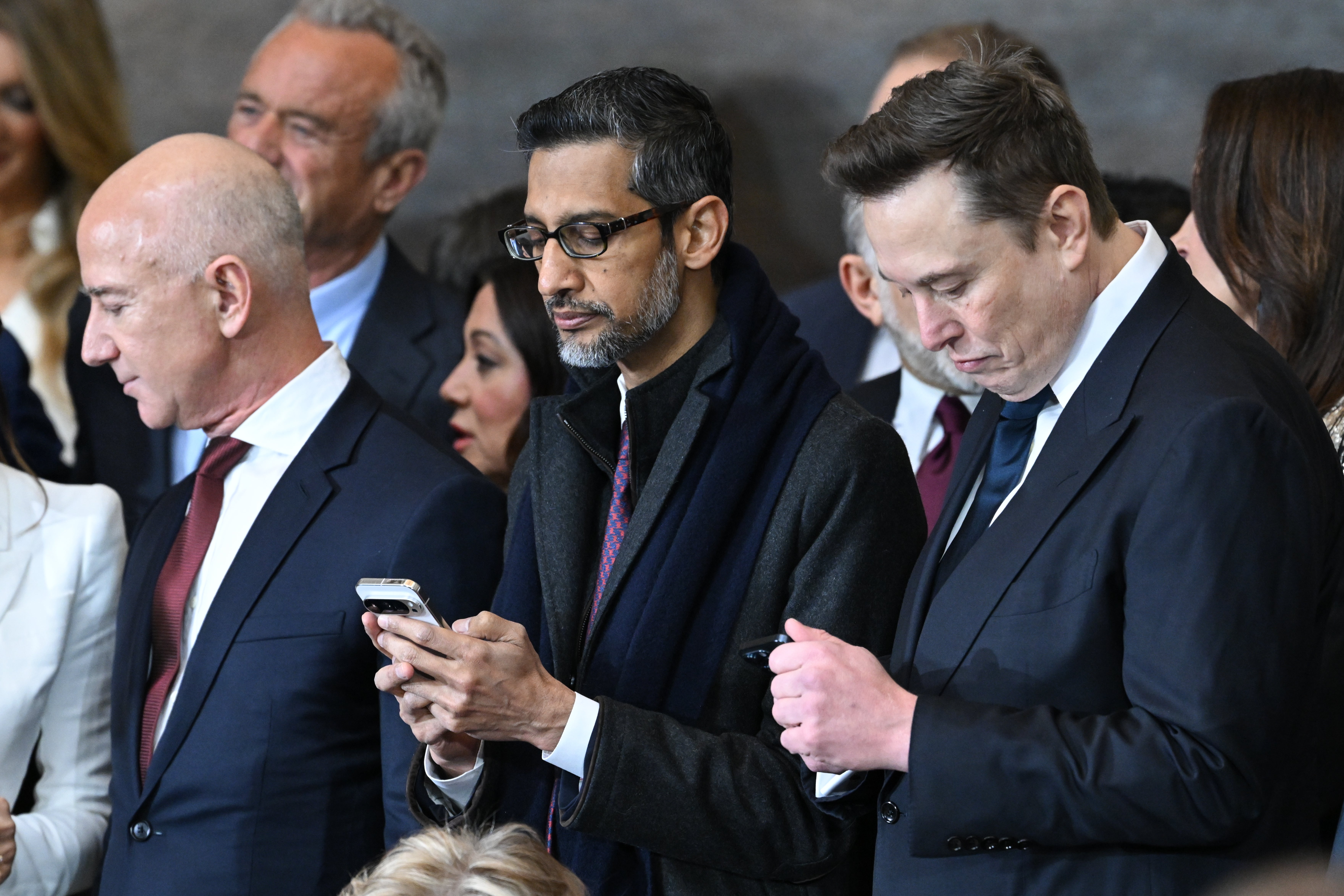 Google CEO Sundar Pichai with Jeff Bezos and Elon Musk at Donald Trump’s second inauguration