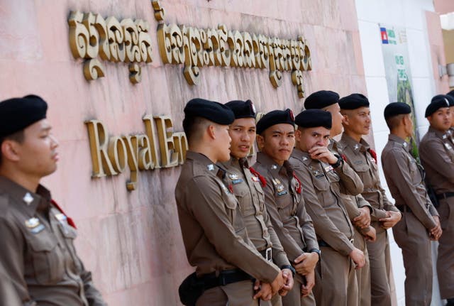<p>Thai police guard outside the Cambodian Embassy as the nationalist gather to protest over the Thai-Cambodian border dispute. Bangkok, Thailand, 6 June 2025</p>