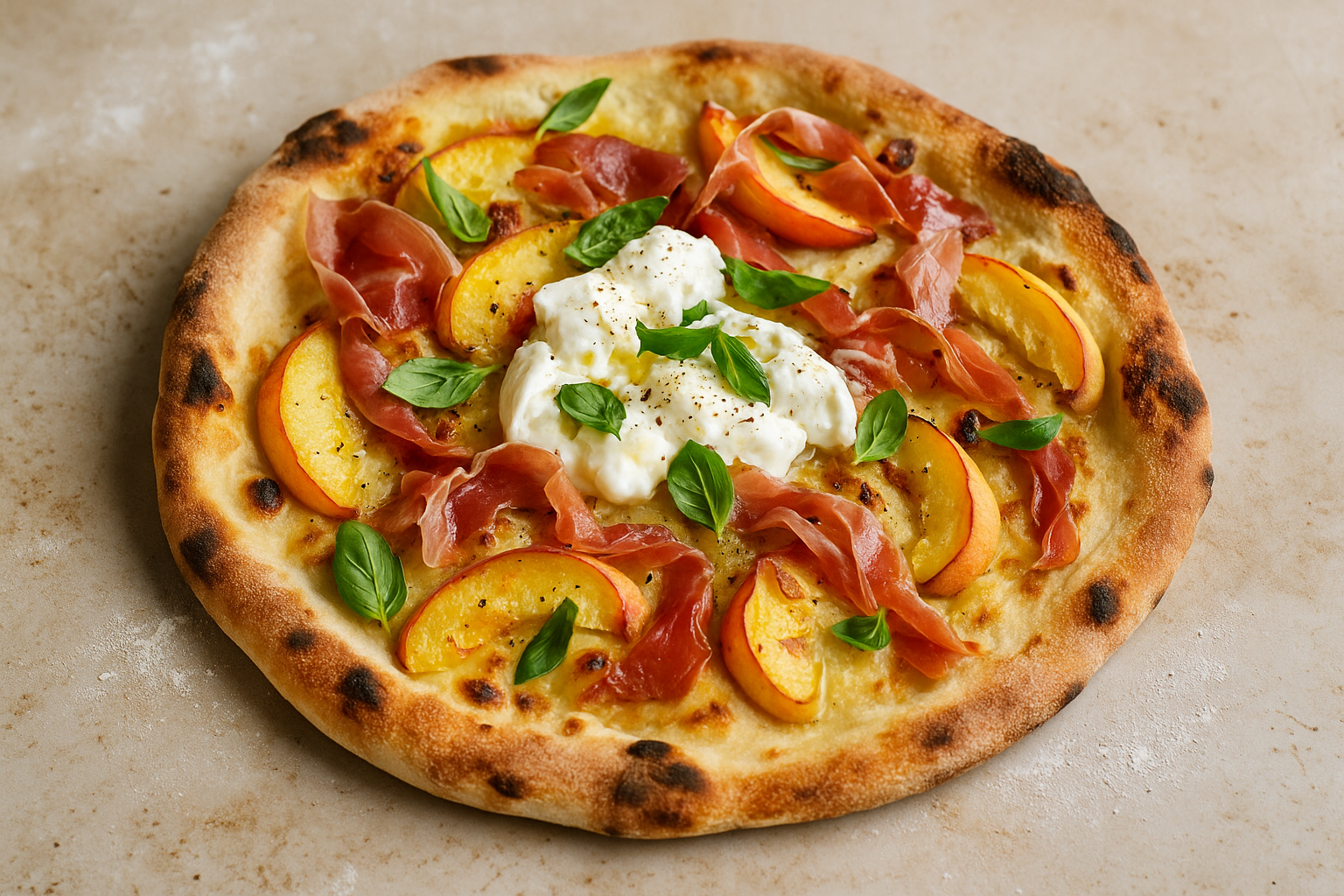Yes, burrata is everywhere. But here it earns its keep – soft against charred peaches and ribbons of prosciutto