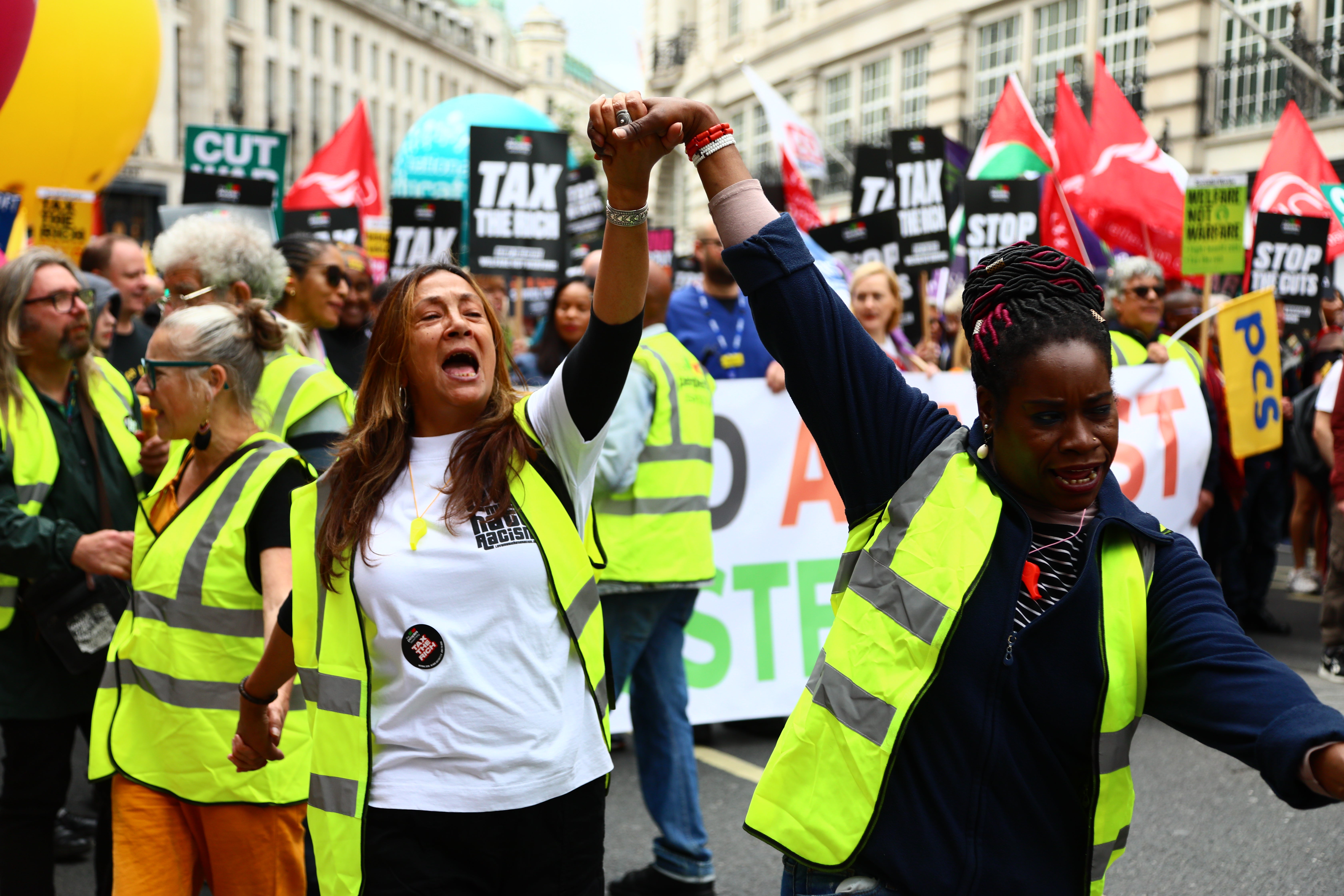 Activists take part in a protest over benefits cuts organised by People's Assembly on June 7, 2025 in London, England