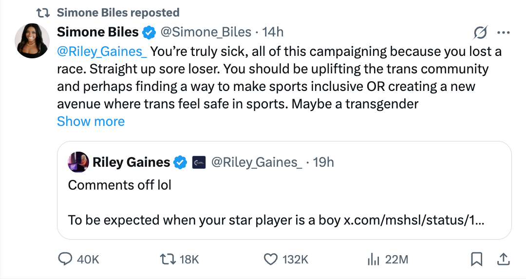 Biles called Gaines a ‘straight up sore loser’ on X