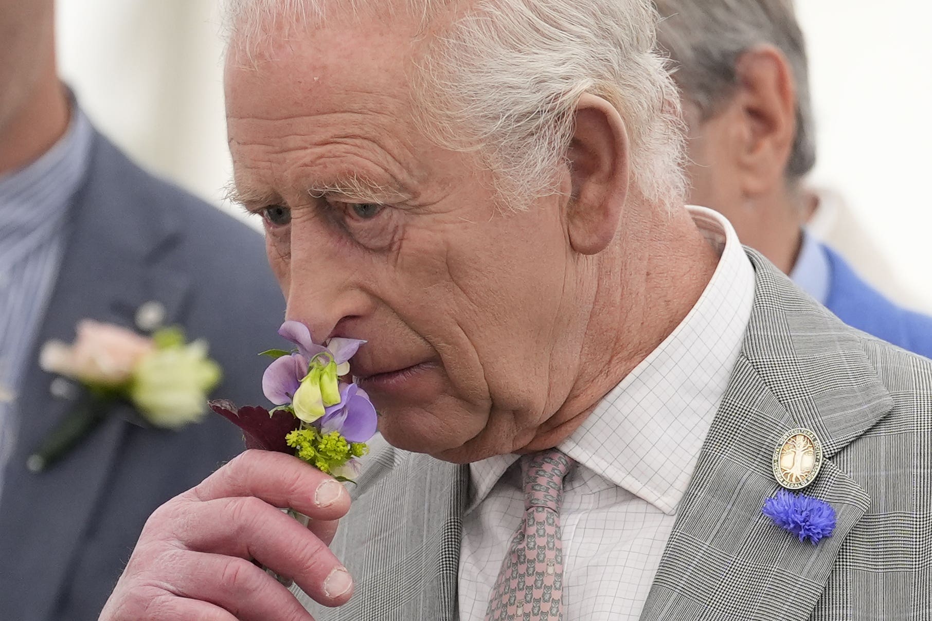 Charles smelled flowers at the Royal Windsor Flower Show at The York Club in Windsor (Andrew Matthews/PA)