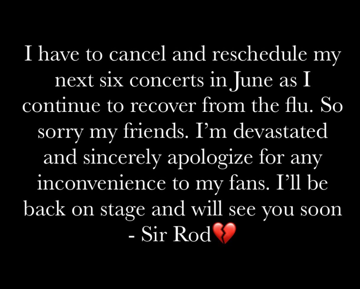 Rod Stewart confirms he is cancelling six more shows in the US