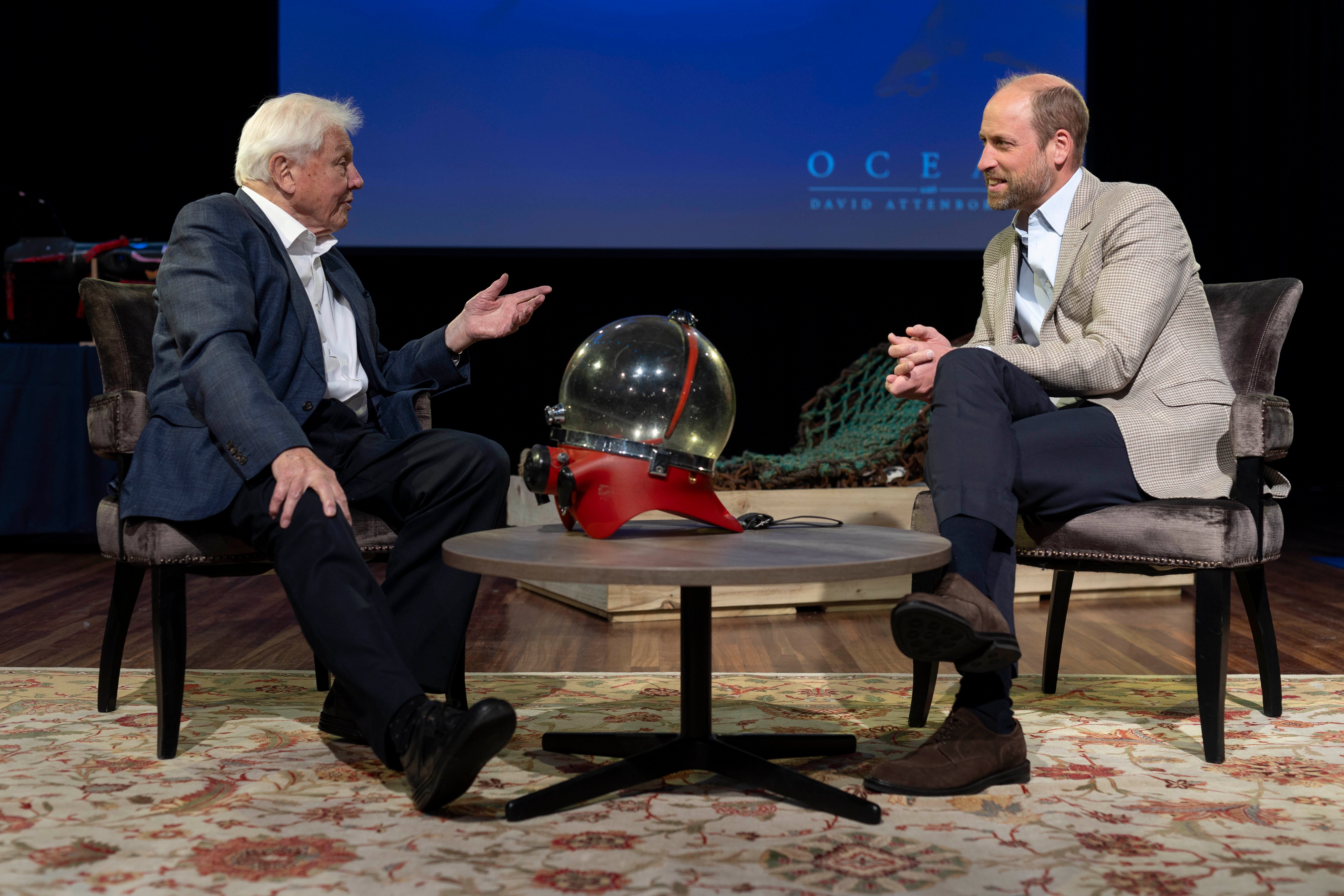 Sir David Attenborough speaking to Prince William about his new documentary, ‘Ocean’, at the Royal Festival Hall in May
