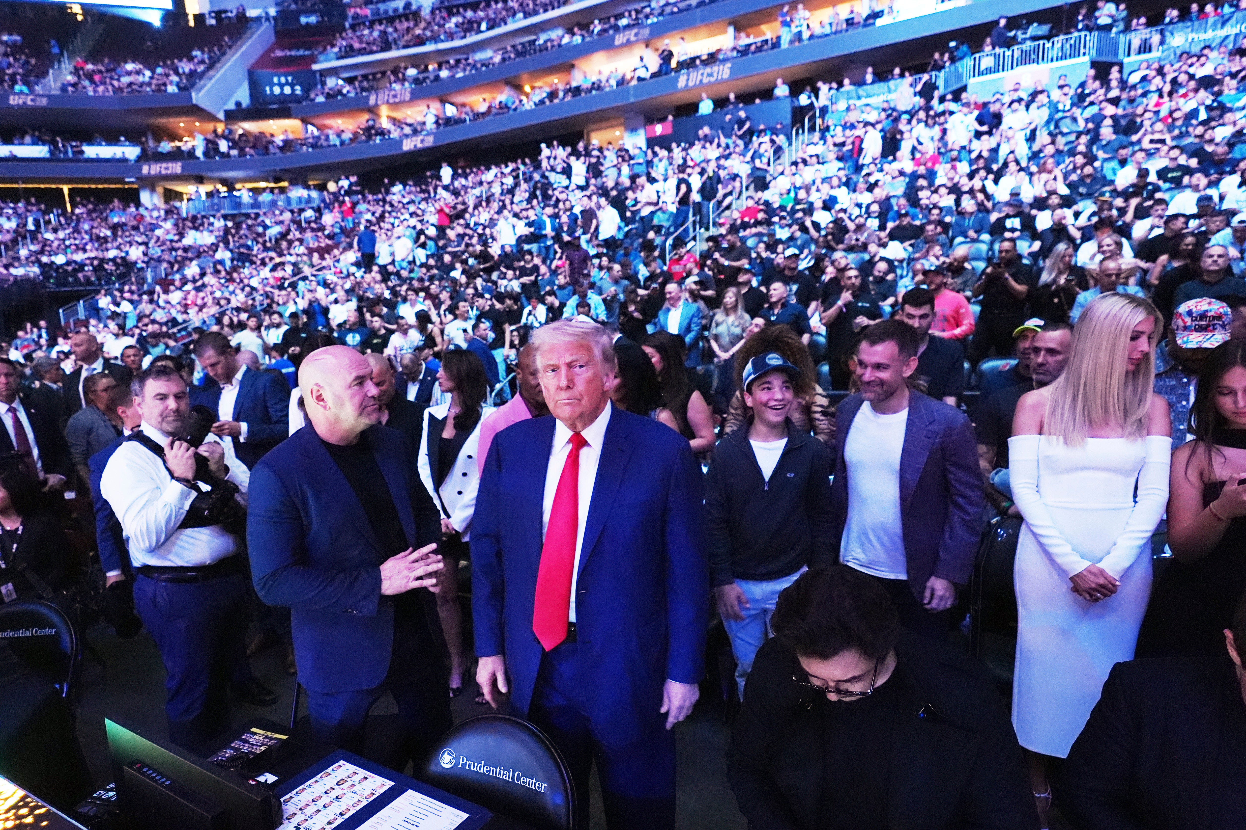 President Donald Trump attends the UFC-316 mixed martial arts event in Newark, New Jersey on Saturday, June 7, 2025