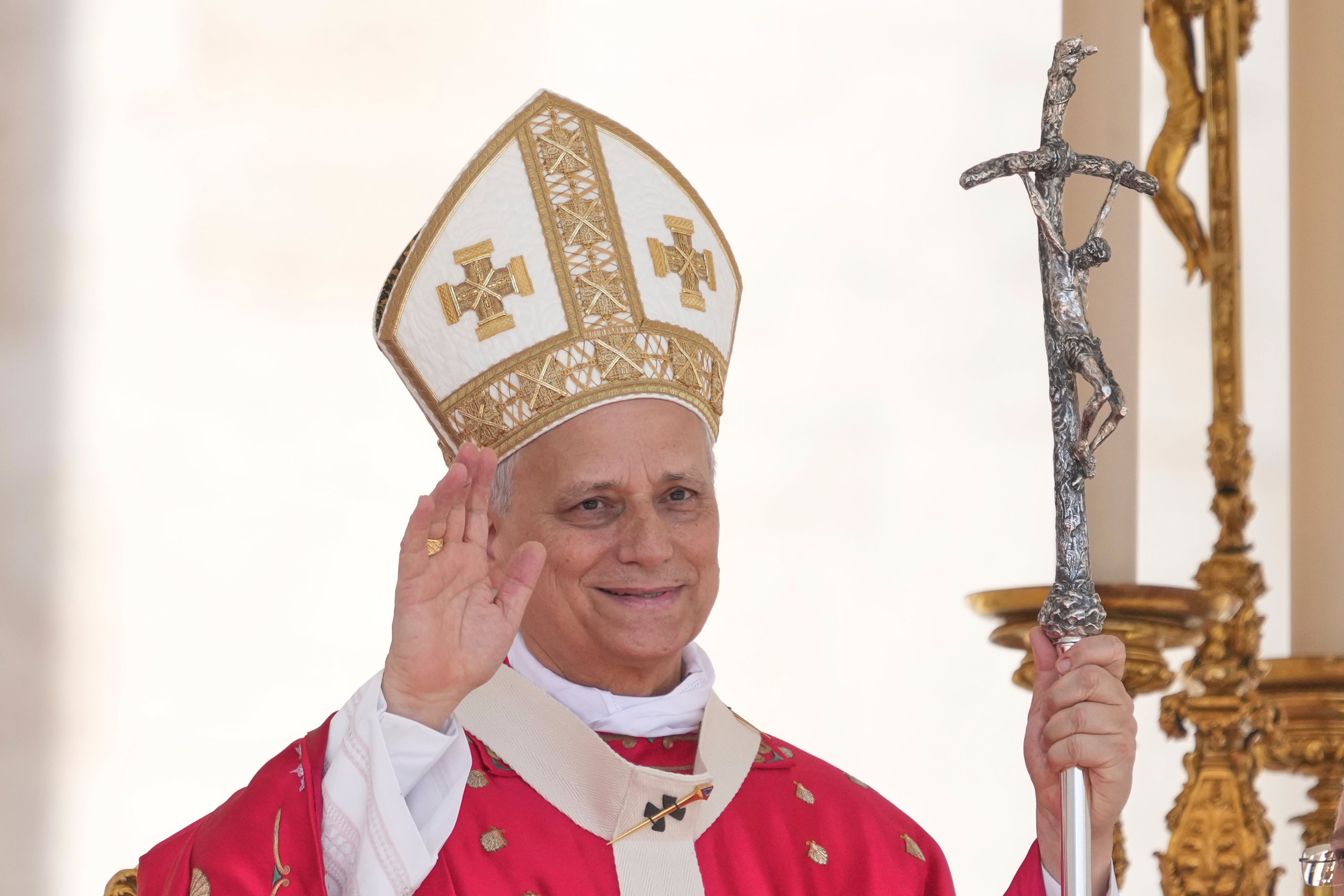 Pope Leo XIV waves at the end of a Mass for the Jubilee of New Religious Associations on Pentecost Day in St. Peter's Square at the Vatican, Sunday, June 8, 2025