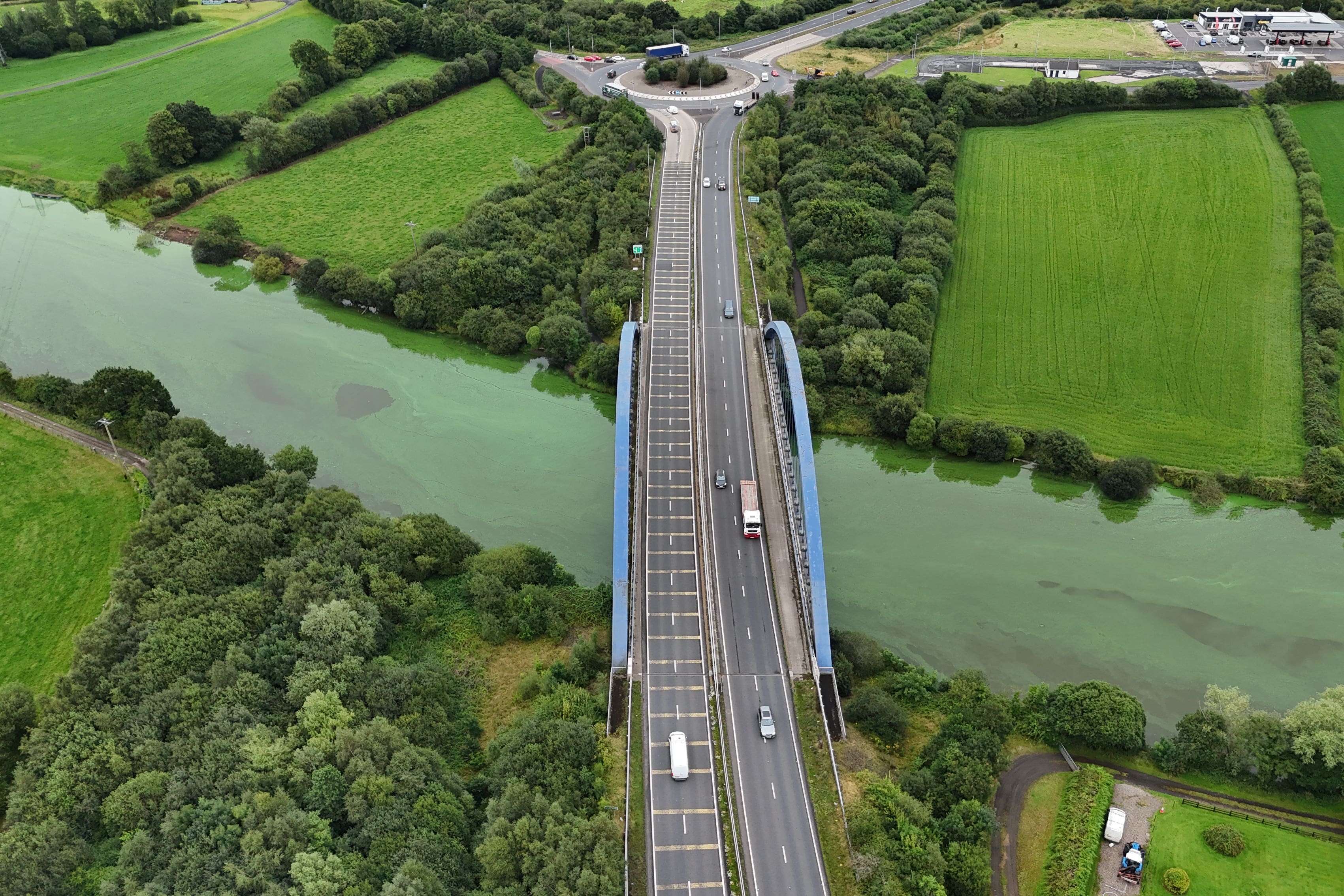 Blue-green algae on the River Bann where it meets Lough Neagh near the village of Toome (PA)