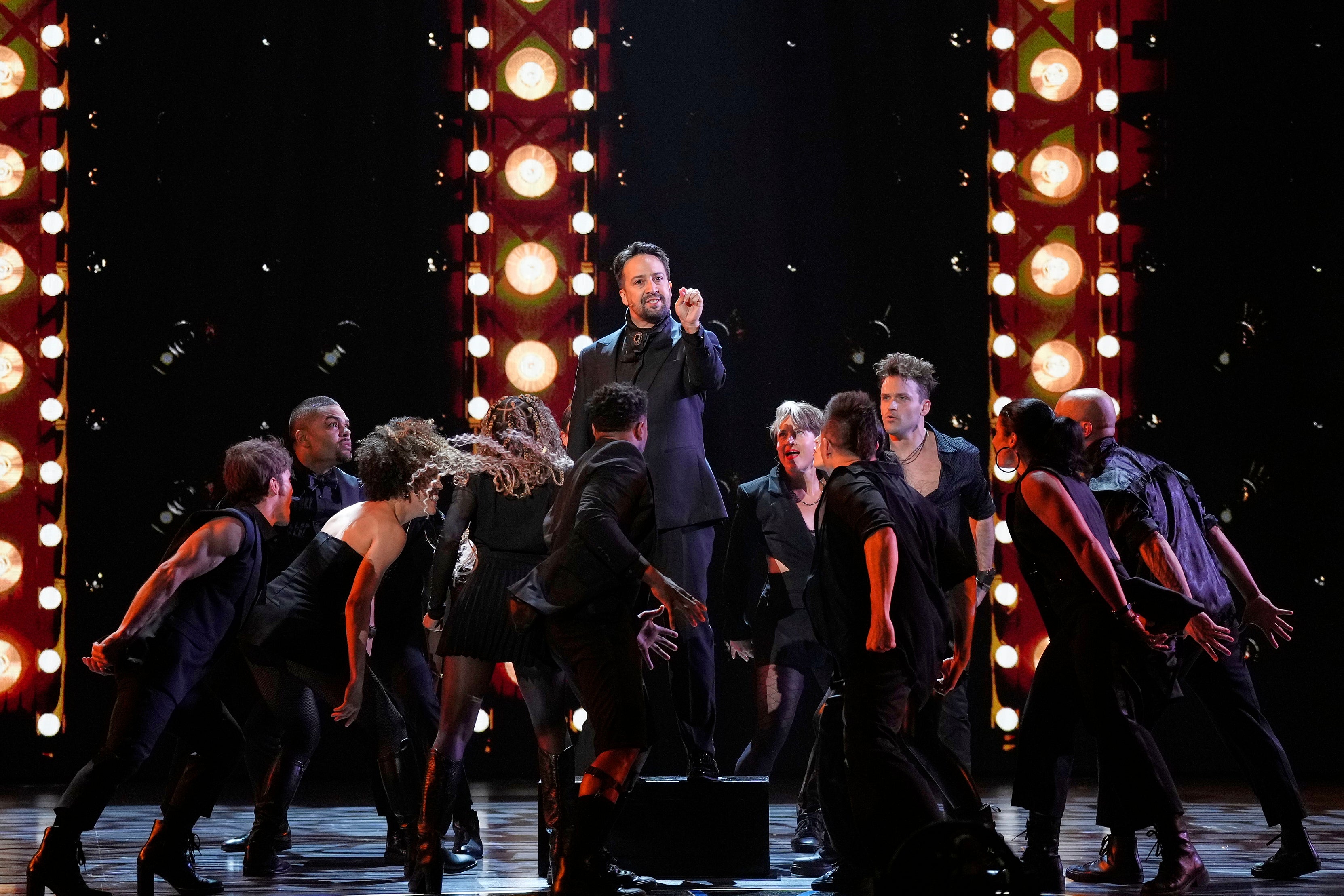 Lin-Manuel Miranda, centre, and the cast of ‘Hamilton’ perform at the Tony Awards