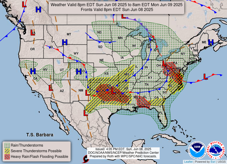 Severe thunderstorms will bring scattered damaging winds, a couple of tornadoes, and isolated large hail across the Southeast U.S. on Monday