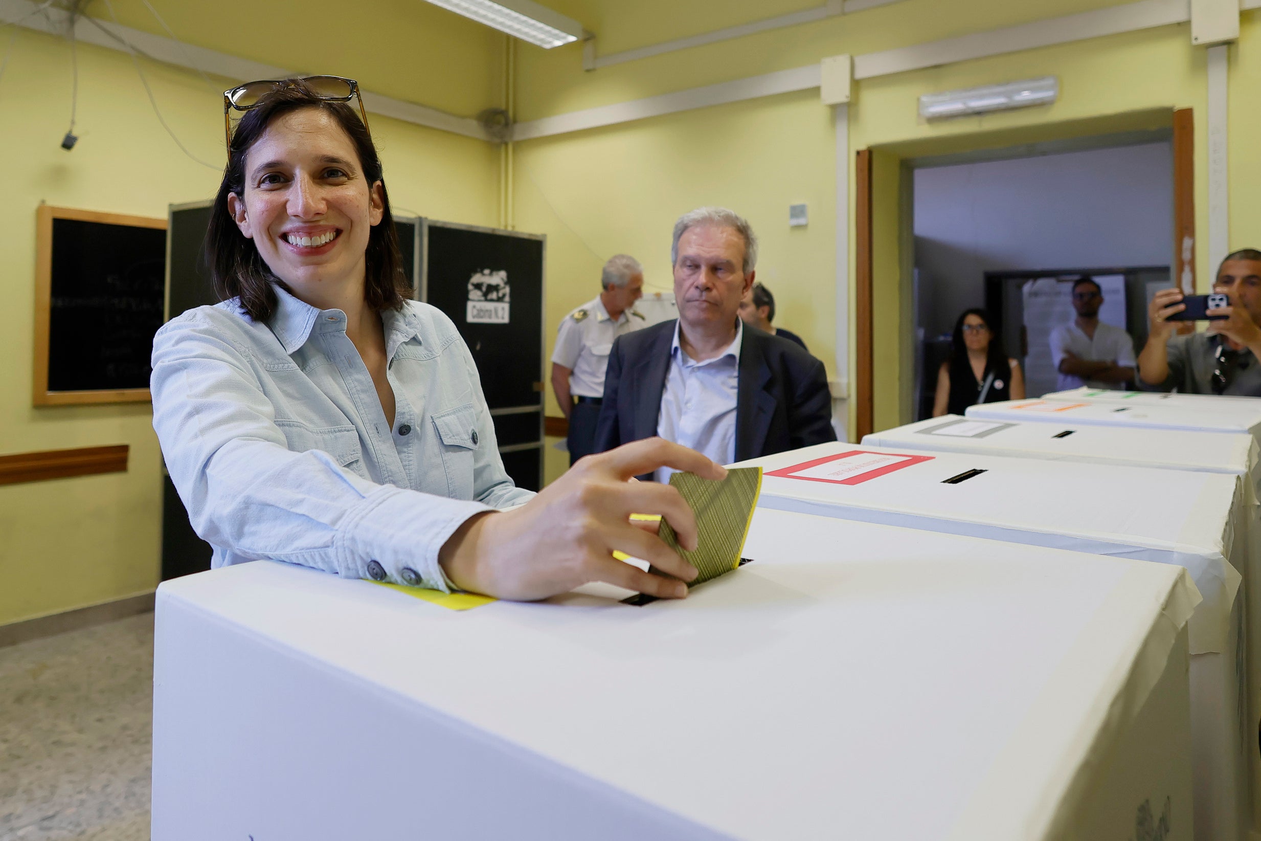 Leader of Italy’s center-left Democratic Party, Elly Schlein, casts her ballots in referendums on citizenship and job protections, at a polling station in Rome, Italy, Sunday, June 8, 2025. (Cecilia Fabiano/LaPresse via AP)