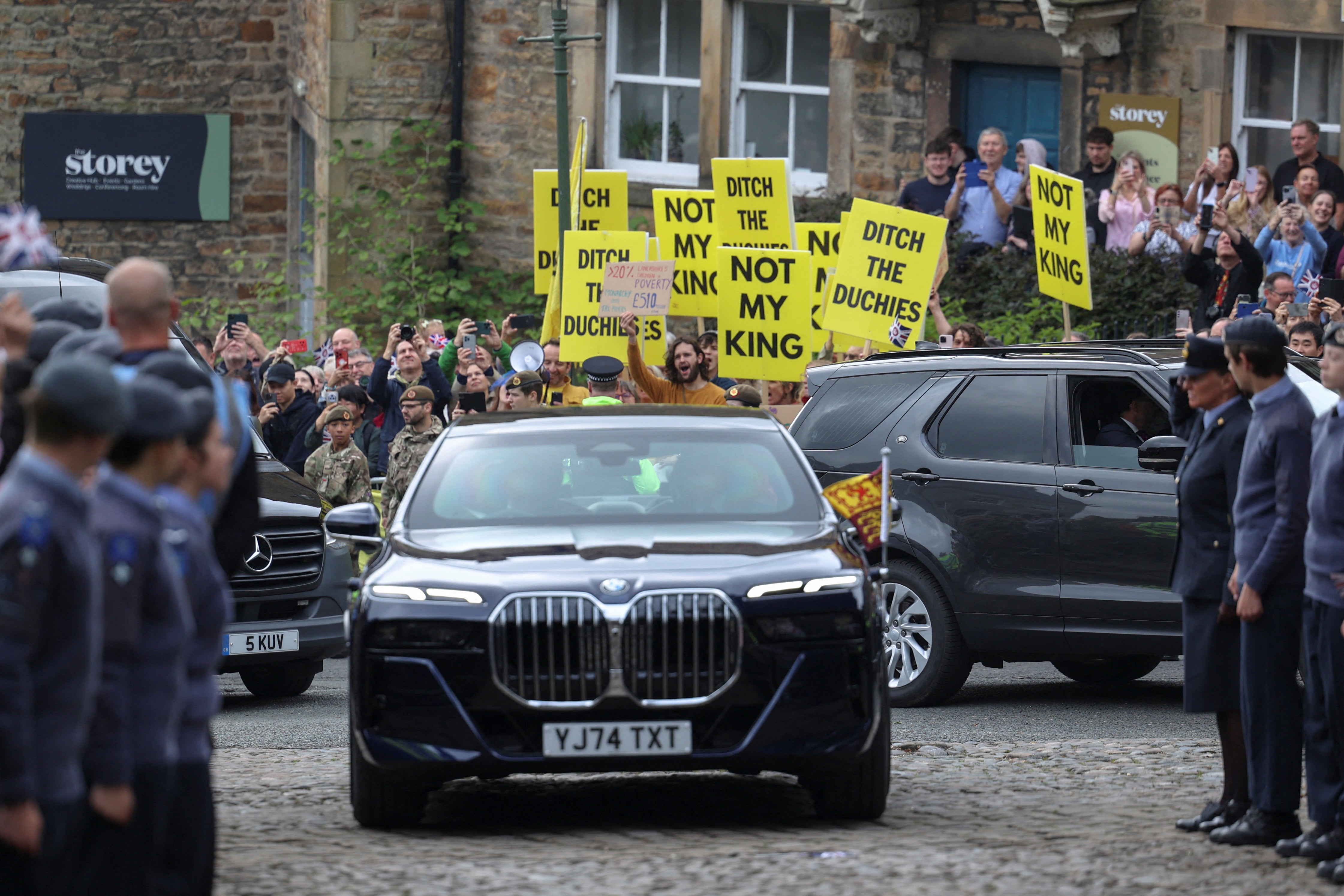 Anti-monarchy protesters were also awaiting his arrival and could be heard chanting “Not my king” as he left his vehicle