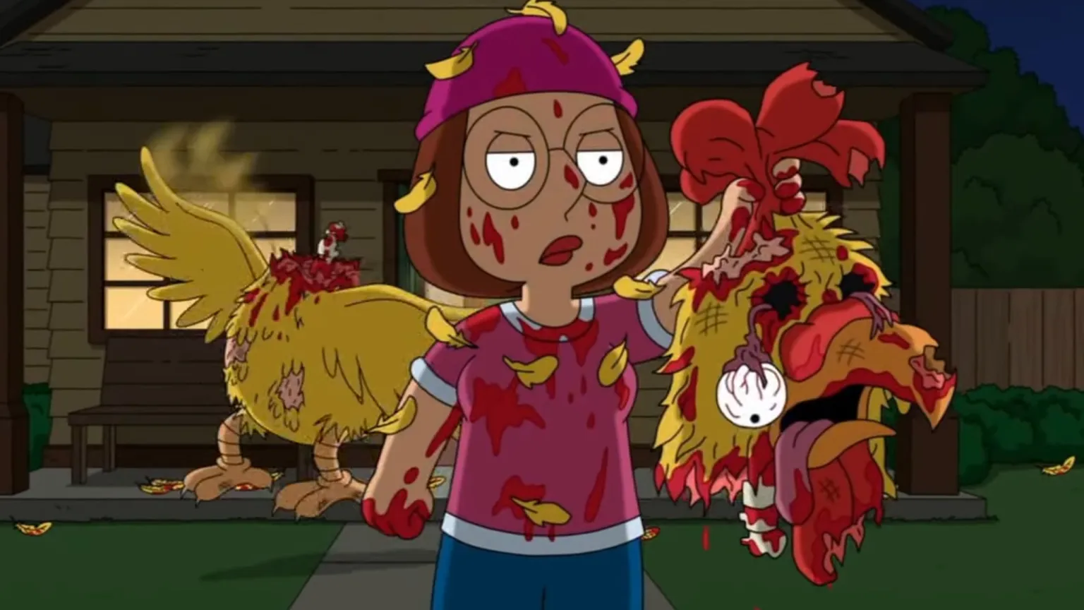 Meg kills off Ernie the Giant Chicken on Family Guy