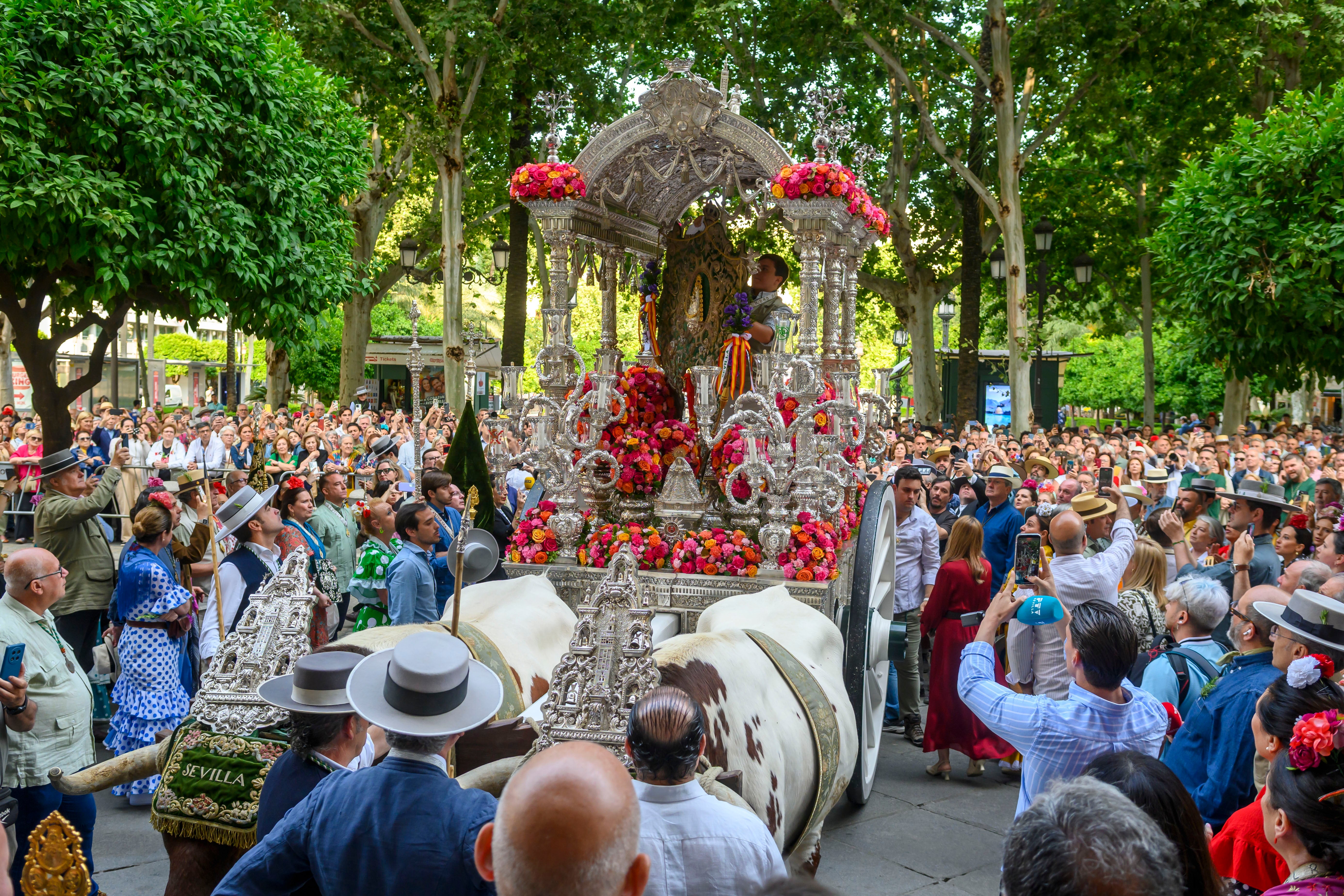 The 'Simpecado' float of the Brotherhood of El Rocio of Seville-El Salvador departs Seville on its pilgrimage to the El Rocio hermitage, located in the village of Almonte, Spain.