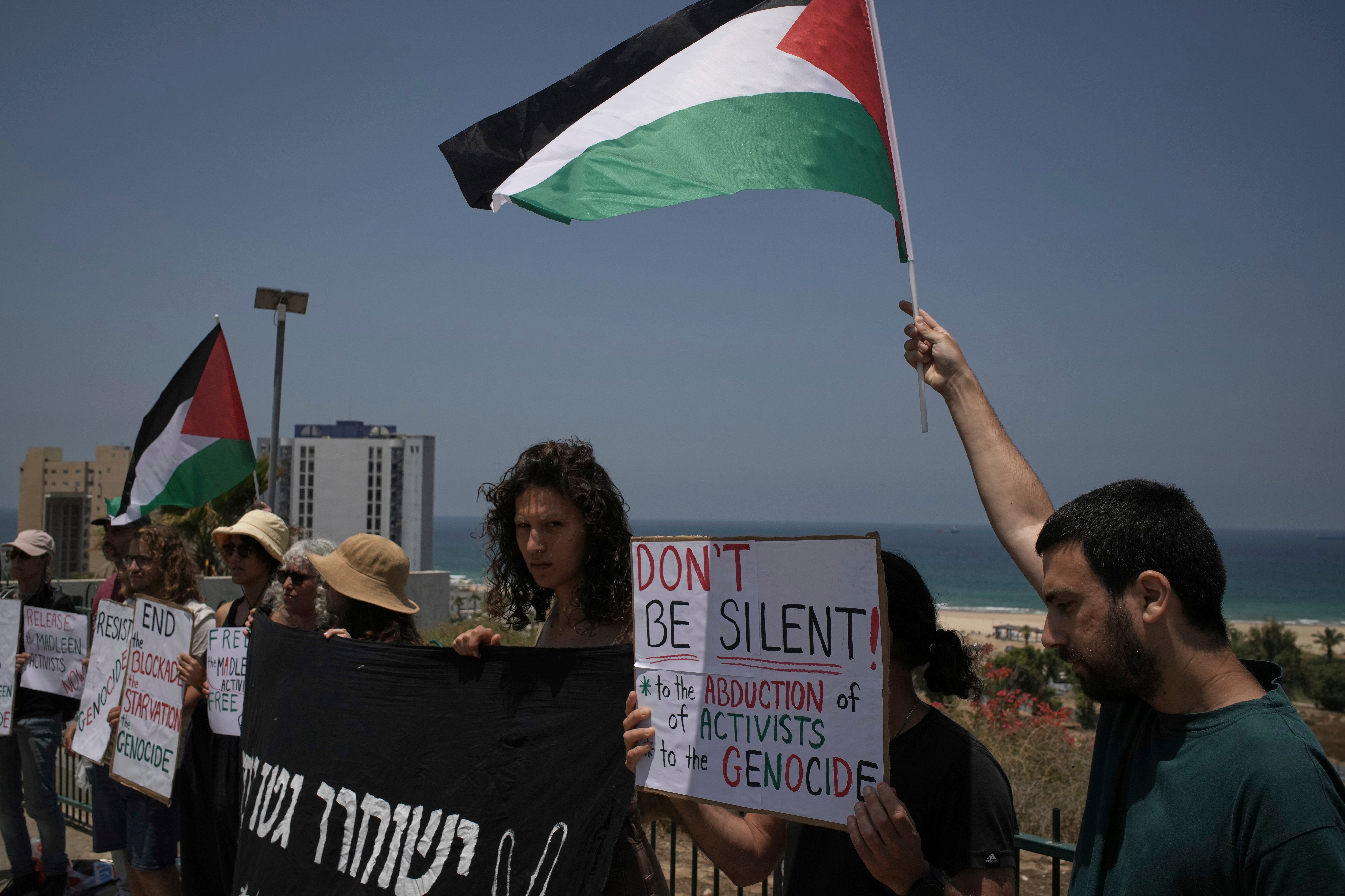 People wave the Palestinian flag and hold signs in support of Greta Thunberg and other activists who tried to deliver aid to Gaza before their ship was seized near the port of Ashdod