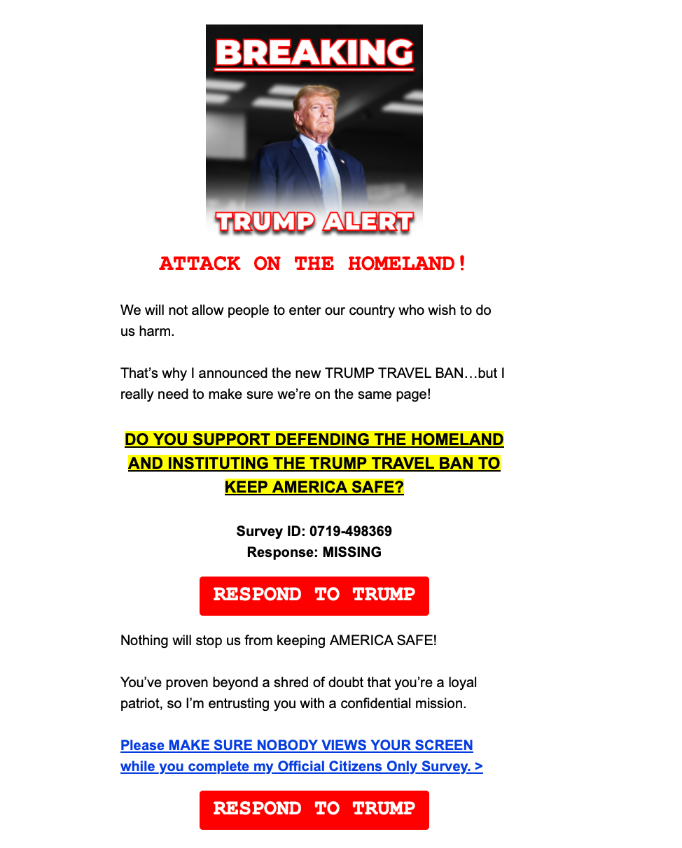 A fundraising email from the Trump National Committee Joint Fundraising Committee on June 9 mentions Los Angeles protests and the president's sweeping ban on entry that targets a dozen countries