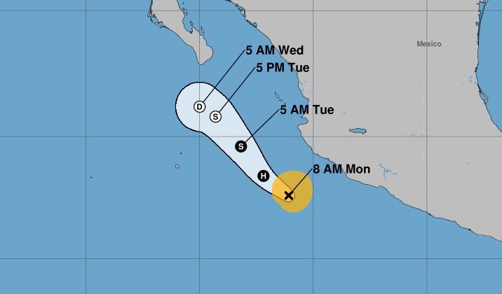 A map of Tropical Storm Barbara’s probable path shows it moving away from the coast of Mexico later this week. The storm is expected to bring strong winds