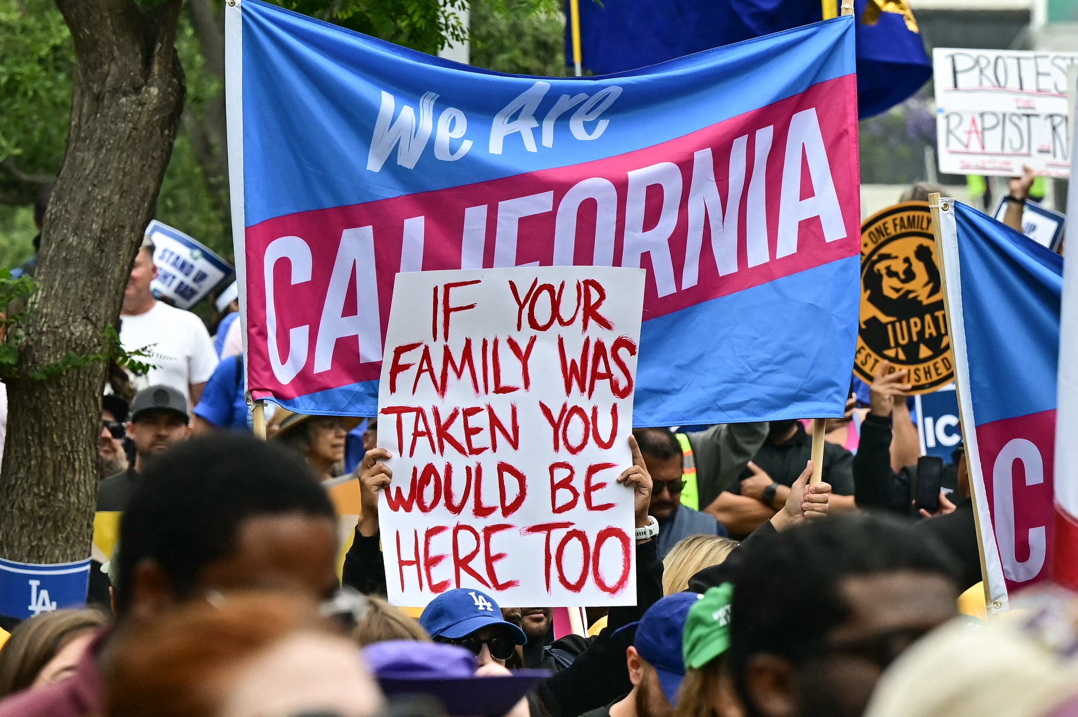 Demonstrators against ICE raids protesting on the streets of Los Angeles