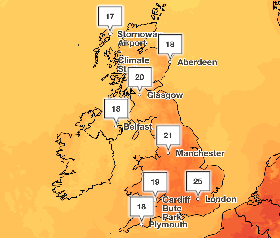 Temperatures will peak at 25C in London and the South East on Friday