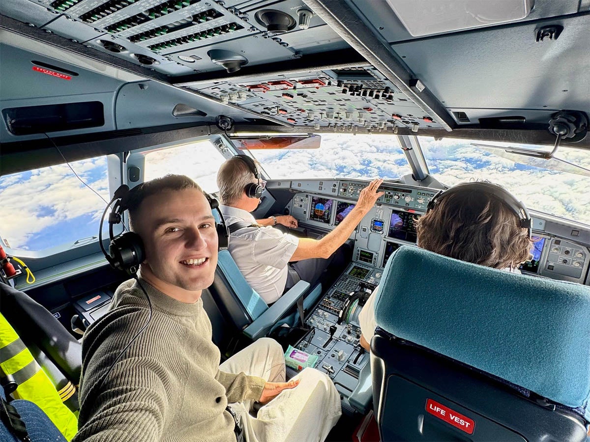 Rhys is pictured here on the flight deck of an Iberia A321XLR from Paris to Madrid