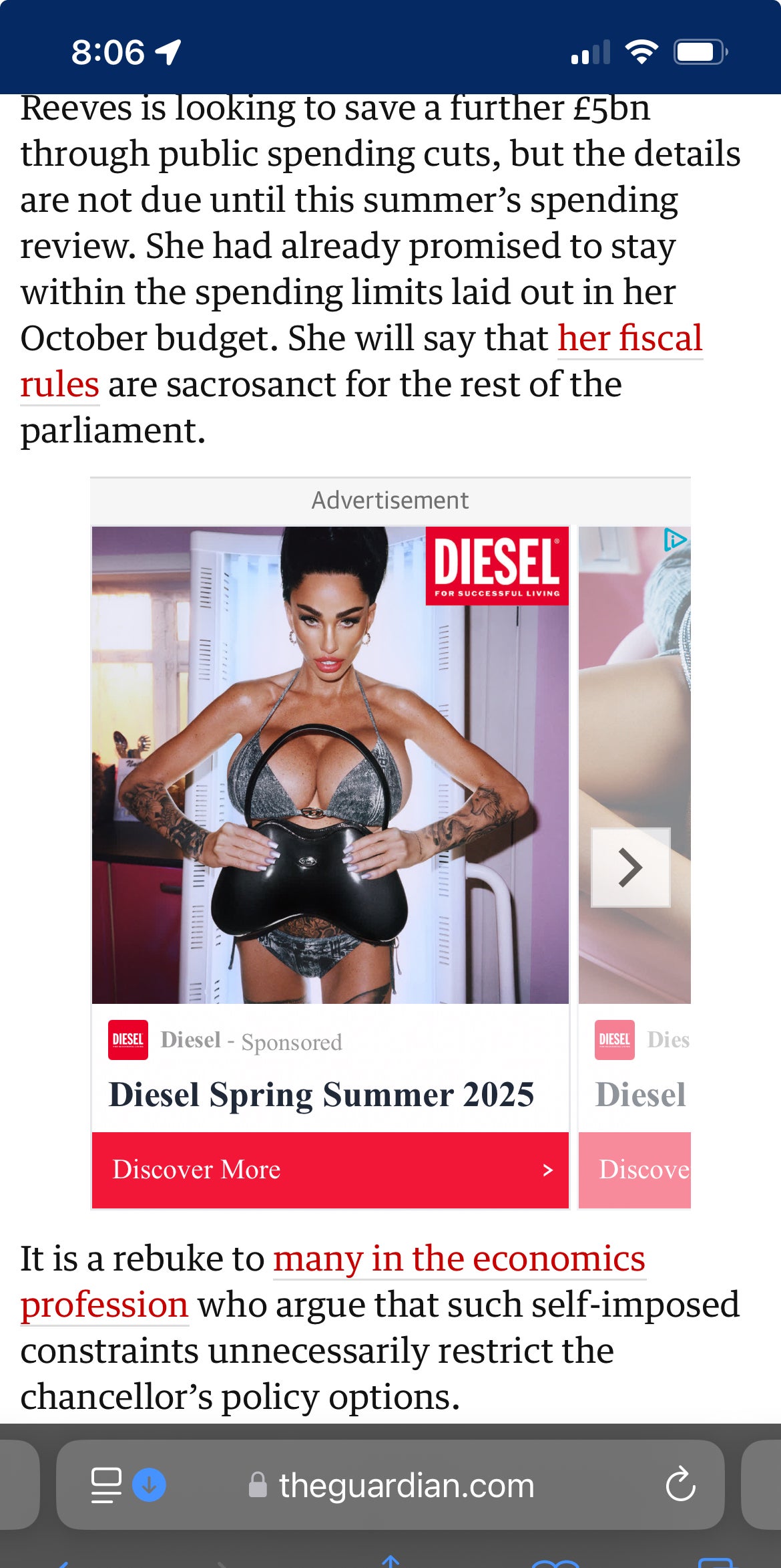 A screenshot showing an advertisement seen on The Guardian news website on March 26, for clothing brand Diesel, featuring the model Katie Price wearing a bikini and holding a handbag in front of her chest